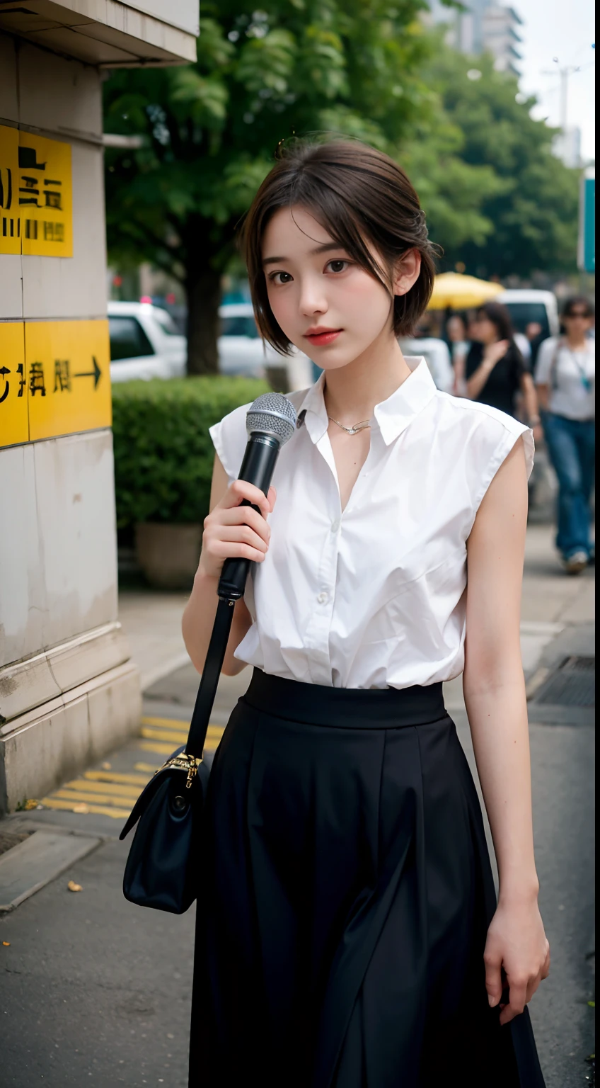 teens girl，photographers，gentle and cute，short detailed hair，Portable microphone，Reporter，aerodrome，long  skirt，occupation：the reporter interviews，Girl with Nikon camera