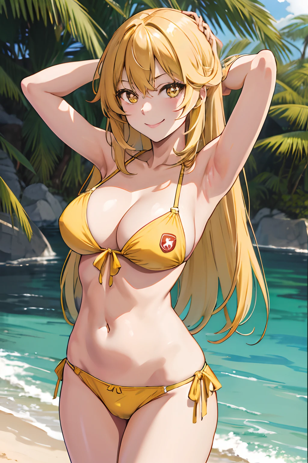 masterpiece, best quality, highres, hmmisaki, long hair, symbol-shaped pupils, +_+, large breasts, yellow bikini, cowboy shot, standing, seductive smile, outdoors,