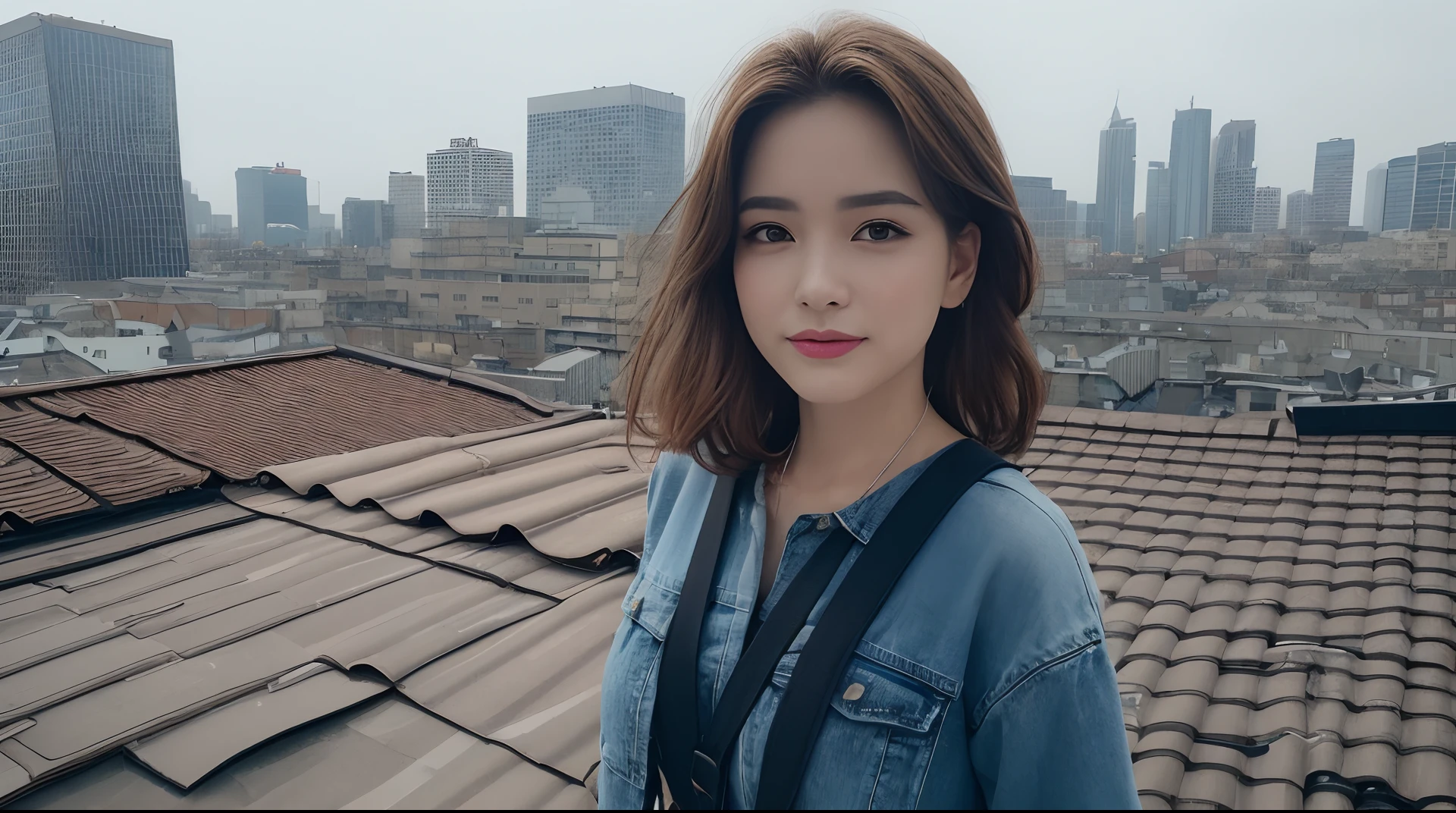 ((midynight, Need, 8k, tmasterpiece:1.3)), full bodyesbian, Long legs, Focalors:1.2, A beautiful woman with a perfect figure:1.4, Slim abs:1.1, ((Dark brown hair, huge tit:1.2 )), (white tight t-shirt, Denim suspenders, standing on your feet:1.2), ((urban backdrop, the roof:1.3)), Highly detailed facial and skin texture, A detailed eye, 二重まぶた