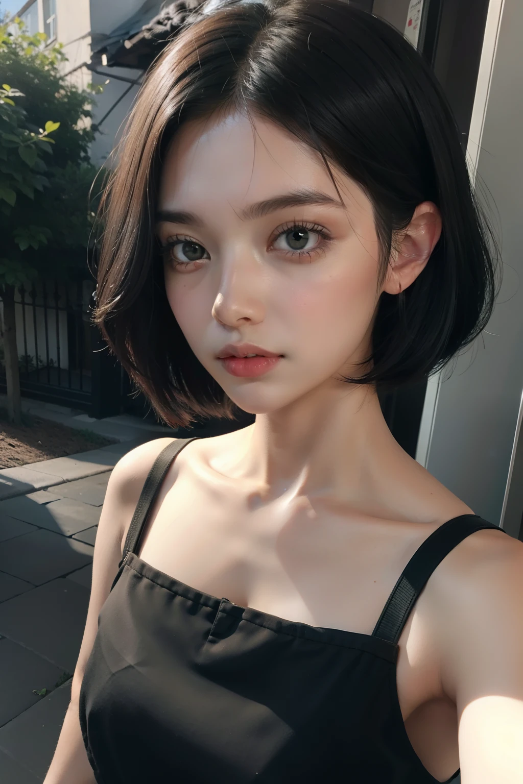 1girl, short black hair, green eyes