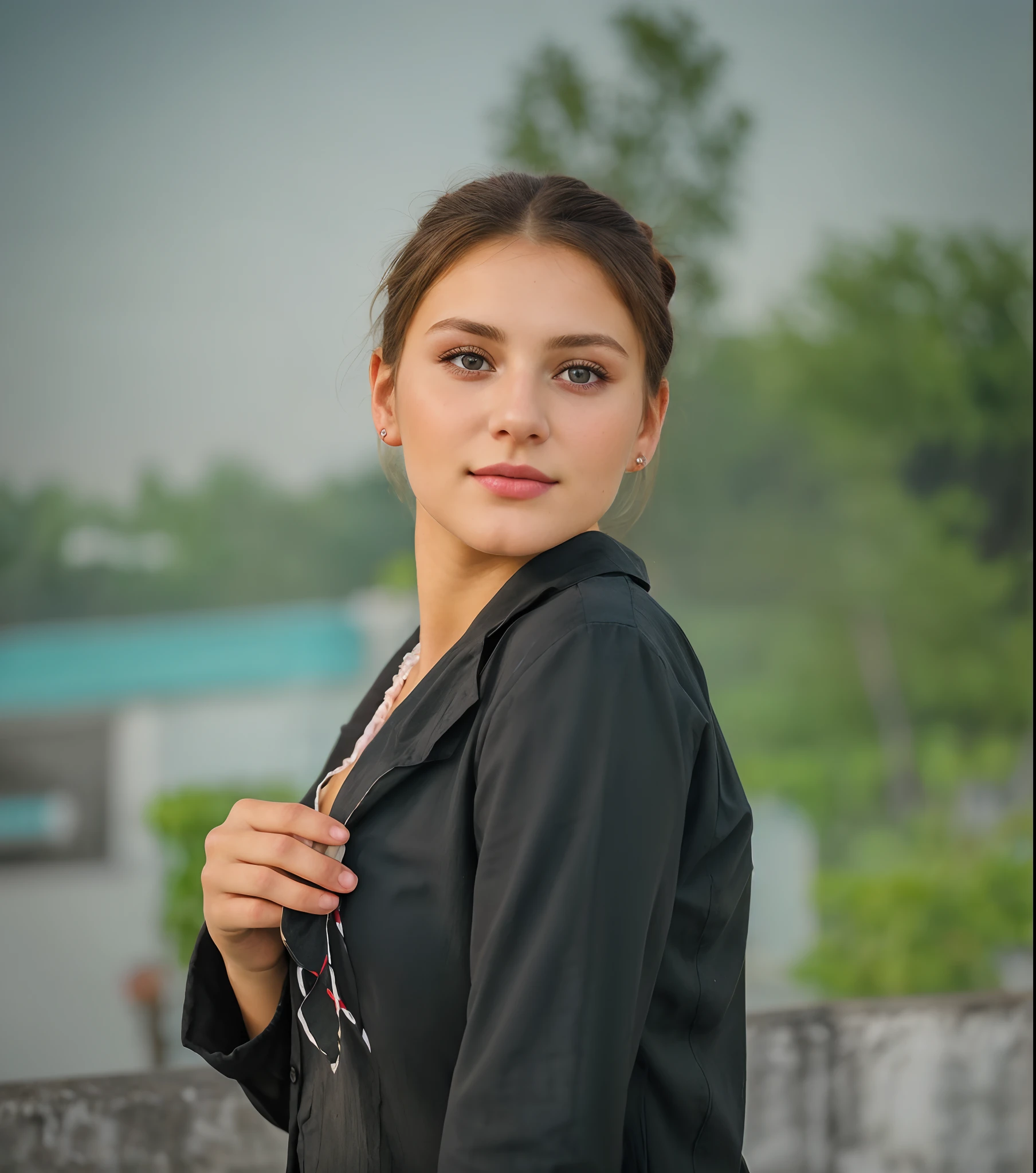 portrait, 20yo brunette german girl, sultry flirty look, wearing a white shirt, messy bun, 8k, best quality, masterpiece, (looking into camera:1.3), photograph, (beautiful)