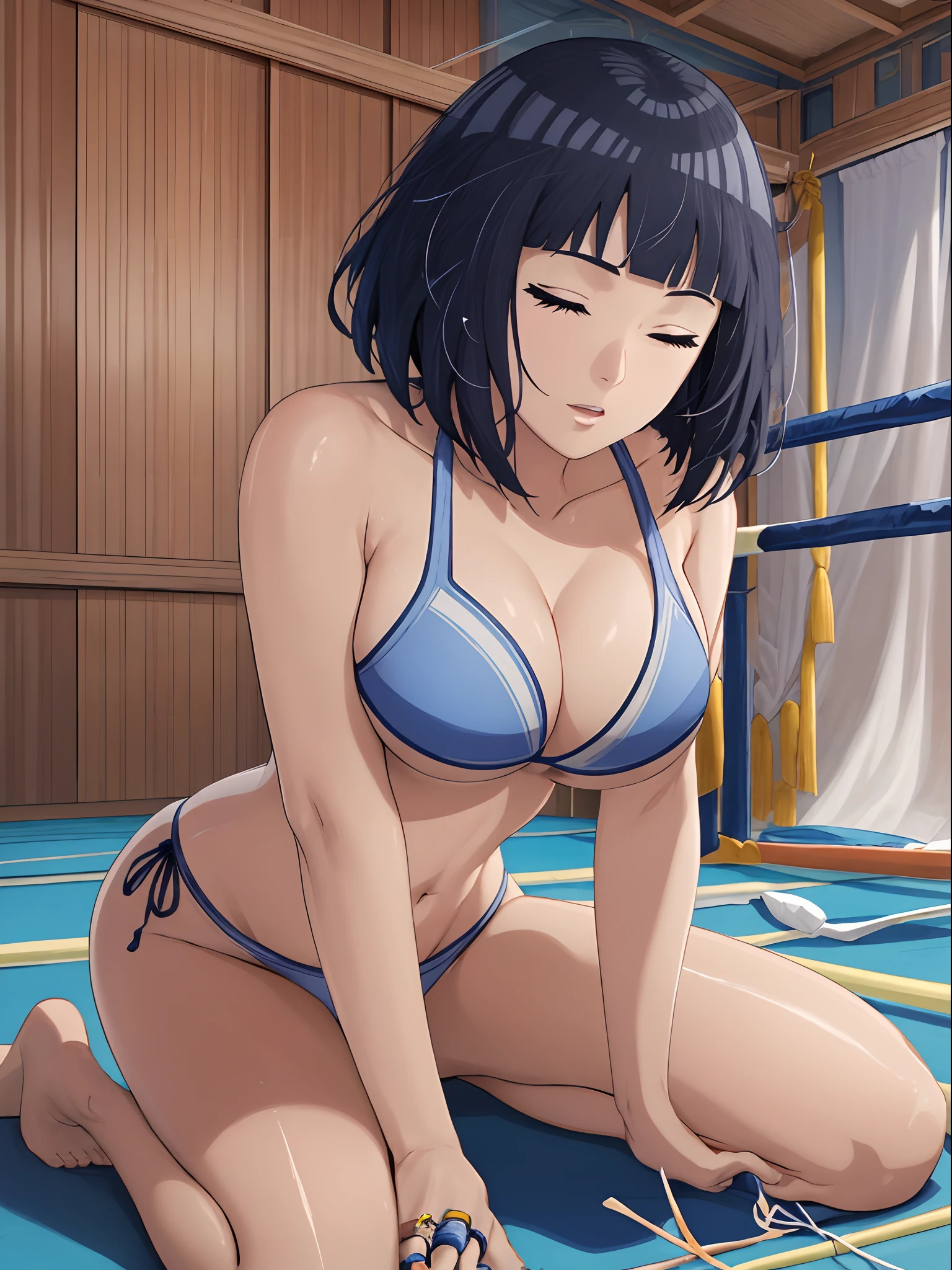 (WALLPAPER, (hinata\(boruto\), (((white string bikini))), masterpiece, 4k, vector coloring, fully body view, (scene of knocked down girl on wrestling ring), (high color saturation), contrast lighting, mature female, (curvy:0.8), solo, anime style, sharp focus, professional artwork, intricate details, colorful, vibrant colors, vivid colors, digital blending, ultra detailed body, ultra detail hair, ultra detail face, trending on pixiv, very hot colors, (((wrestling ring, indoors))), detailed bold arm lines, high color saturation, bold lines, bold drawing lines),
((knocked down on wrestling ring, lying down on wrestling ring surface, unconscious on her back)), (head tilt), open mouth, closed eyes),
((dark blue hair color:1.1), wavy hair, ((short hair, hime cut)),
(white skin, (fair skin), slender body, milf, perfect face),
(legs, big breasts, off-shoulders, (detailed shoulders, detailed arm lines)),
(bare shoulders, bare legs, stretching),