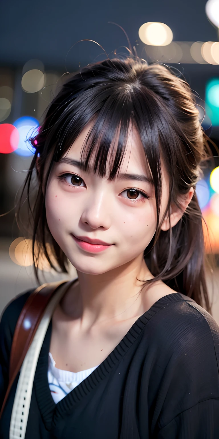 1 Girl, Tokyo Street,night, Streetscape,City lights,Upper Body,close,smile,, (8K, Raw photo, highest quality, masterpiece:1.2),(Realistic, photo-Realistic:1.37),