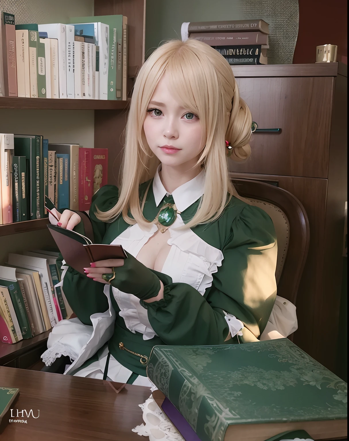blond haired woman in green dress sitting at a desk with a book, anime cosplay, anime girl cosplay, professional cosplay, cosplay, full-cosplay, inspired by Li Chevalier, ornate cosplay, cosplayer, cosplay photo, as an anime character, realistic cosplay, violet evergarden, glamourous cosplay, anime girl in real life, , cosplay journal cover