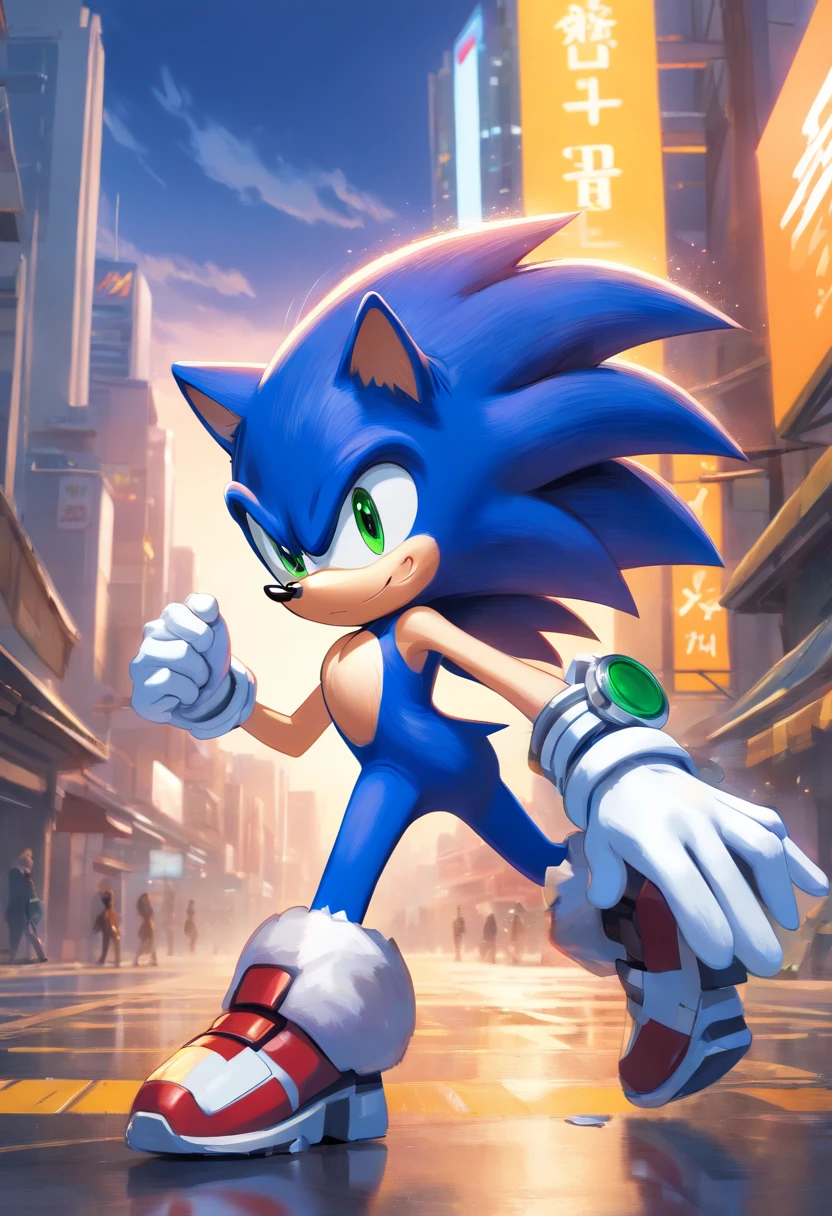 Sonic the hedgehog in spy attire,illustration,oil painting,blurry background,shadow effects,mysterious ambiance,high-speed motion,green color scheme,studio lighting,(best quality,4k,8k,highres,masterpiece:1.2),ultra-detailed,(realistic,photorealistic,photo-realistic:1.37),vibrant colors,sharp focus,adrenaline rush,futuristic setting,stealth,stylish sunglasses,cool gadgets,action pose