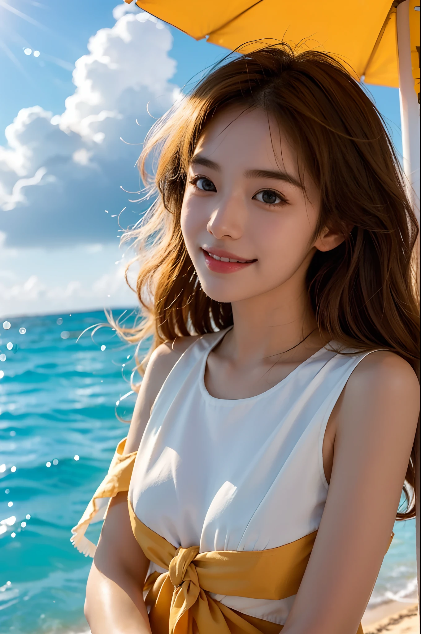 (Photo-reality:1.4)、(Hyper-realistic:1.4)、(Real Scene:1.3)、 Beautiful korean girl on the beach, Japanese and Korean beauties,mesmerizing eyes、pretty eyelashes,The face of the artwork,Perfect face shape,charming body,clear blue skies, Golden sand, gentle waves, Sun-kissed skin, Flowing wavy hair, fashionable sunglasses, Vibrant beachwear, Peaceful and relaxing atmosphere, Refreshing sea breeze, tropical palms, Colorful beach umbrellas, Joyful laughter, Joyful laughter, soft sun light, Pale white clouds, summery vibe, Playful splashes, Beach volleyball, Picnic by the sea, Shells and starfish, Soda turquoise water, Sandy footprint, Golden sunset tones, Carefree moments of happiness, Summer getaway, Beach holiday, Unforgettable memories