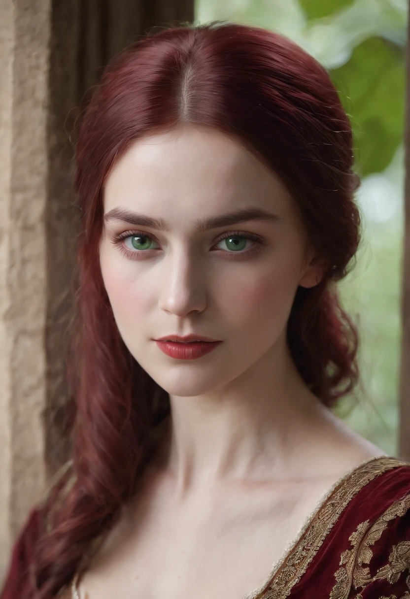 (((a deep reddish wound crosses her left cheek))) fair complexion, woman around 19 years old, natural white hair, distinctive green eyes, wearing kohl, slender and graceful, beautiful, candlelight in a medieval setting, ultra sharp focus, realistic shot, medieval female clothes, tetradic colors (scar:1.4) but Keep her Nude No Clothes Sexy Boobs