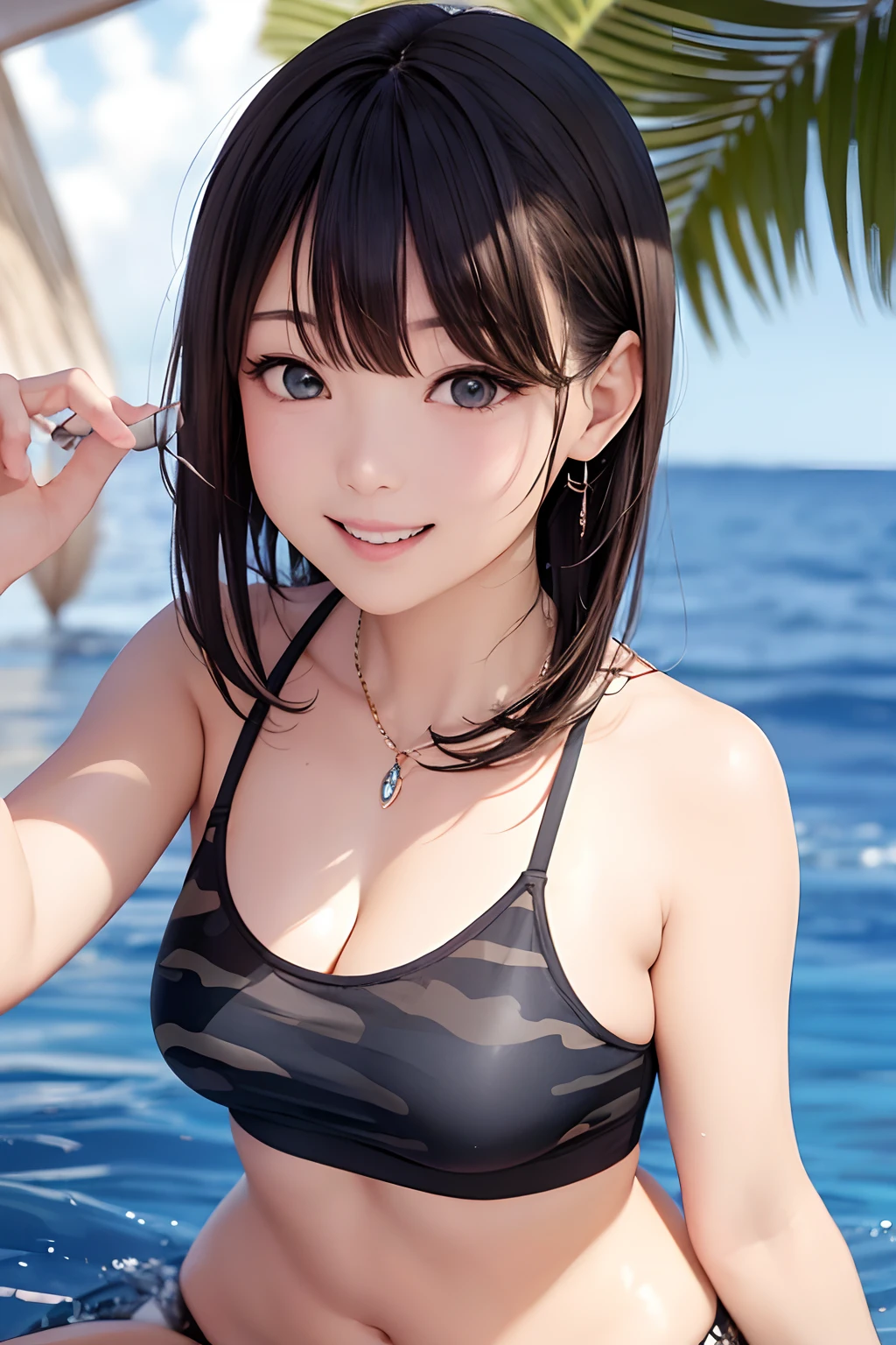 very cute and beautiful girl,(highly detailed beautiful face and eyes),pink plaid bikini,
standing,arms behind back,looking at viewer,coral reef beach resort,sandy beach,(smile:1.2),happy,black hair,
(best quality,masterpiece),absurdres,highres,ultra-detailed,extremely detailed,32k,
cinematic scene,detailed background,solo,dynamic angle, hair fluttering in the wind,beautiful detailed sky,