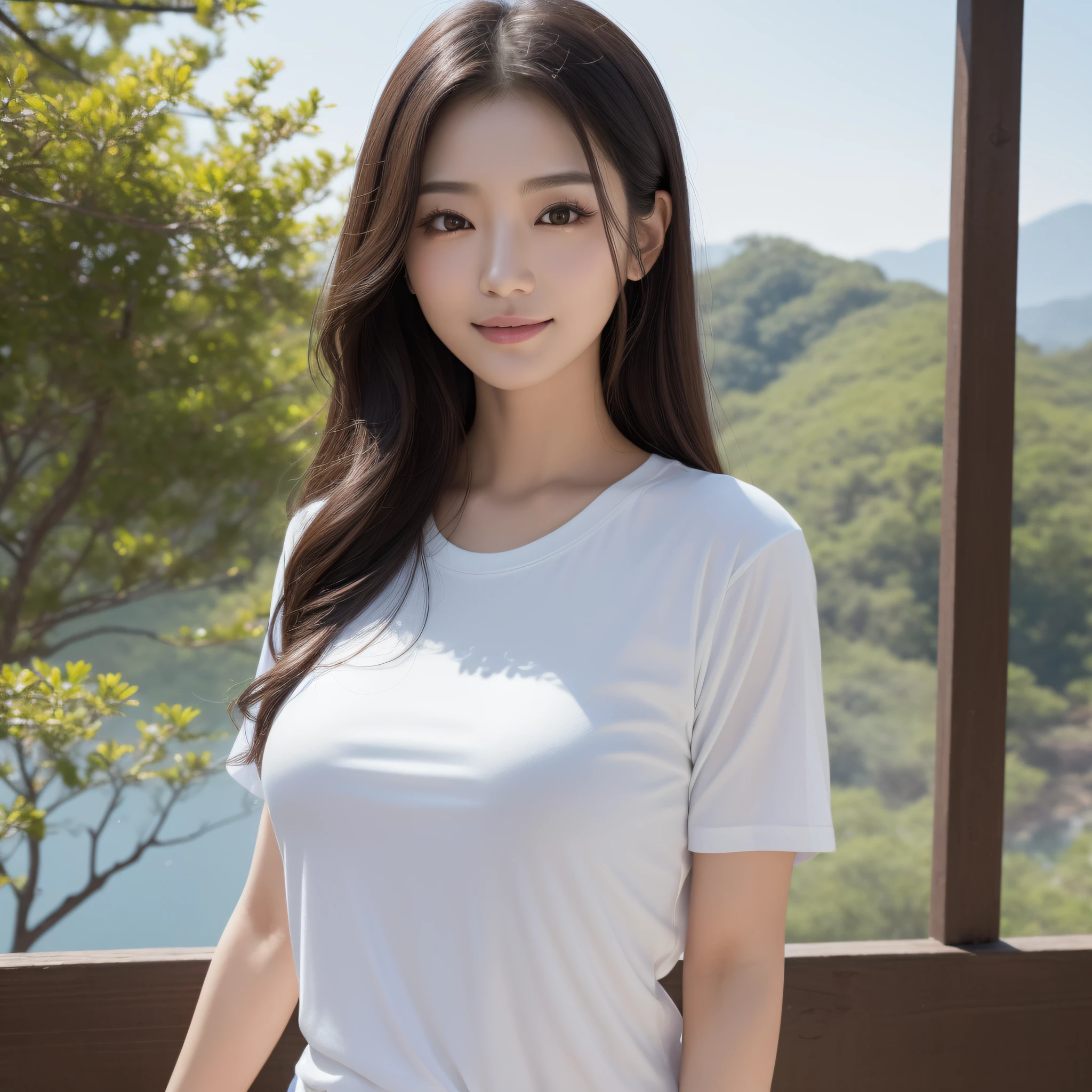 One lady、((best qualtiy、8k masterpieces:1.3))、foco nítido:1.2、(ultra beautiful faces:1.0)、(shinny skin:1.0)、photos realistic、A dark-haired、Video Lighting、High-definition eyes and face、Video Lighting、Japan actress with Korean-style makeup、from the front side、medium breasts、Smile、Slender Abs Beauty、Whole body、wearing t-shirts、At the shrine in the early morning