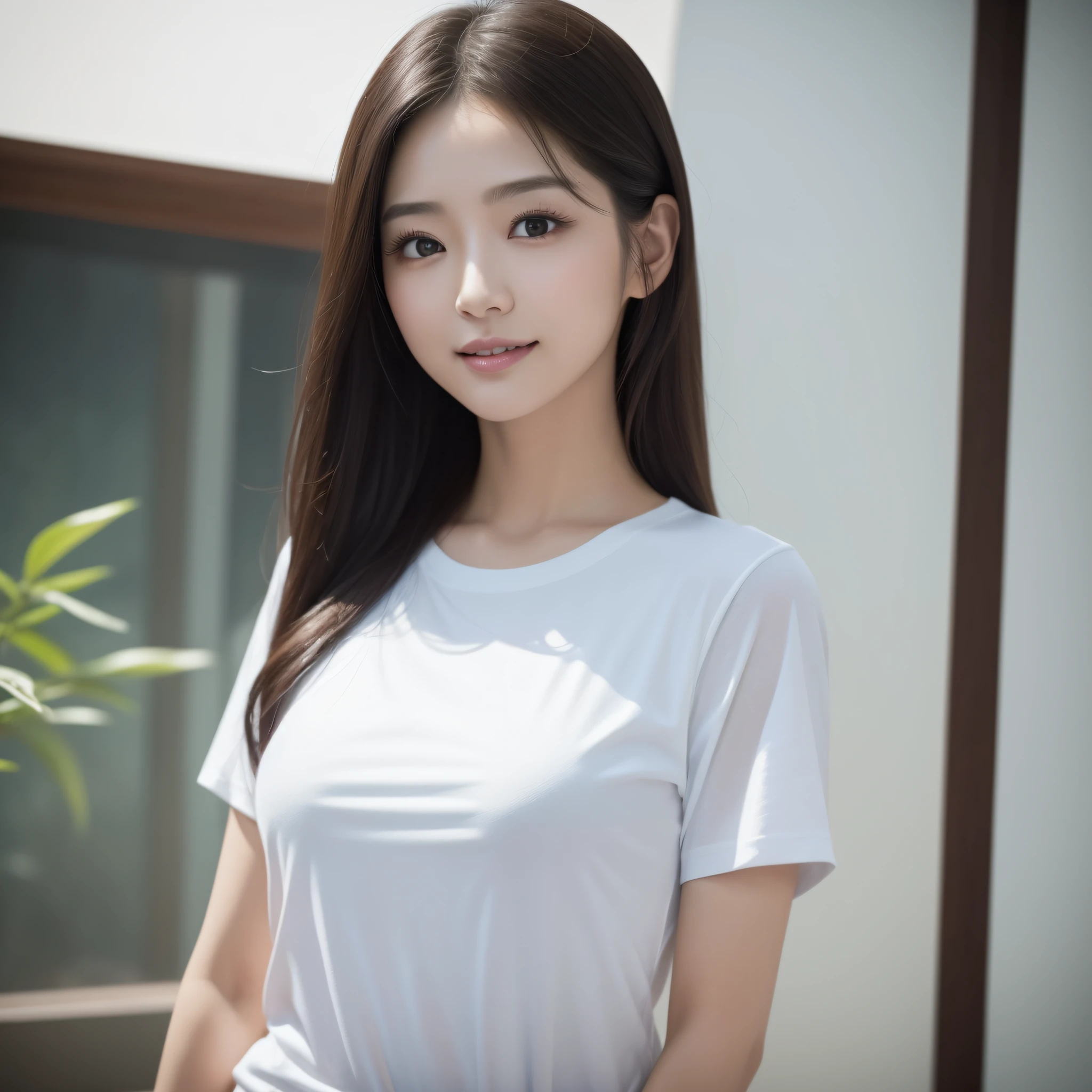 One lady、((best qualtiy、8k masterpieces:1.3))、foco nítido:1.2、(ultra beautiful faces:1.0)、(shinny skin:1.0)、photos realistic、A dark-haired、Video Lighting、High-definition eyes and face、Video Lighting、Japan actress with Korean-style makeup、from the front side、medium breasts、Smile、Slender Abs Beauty、Whole body、wearing t-shirts、At the shrine in the early morning
