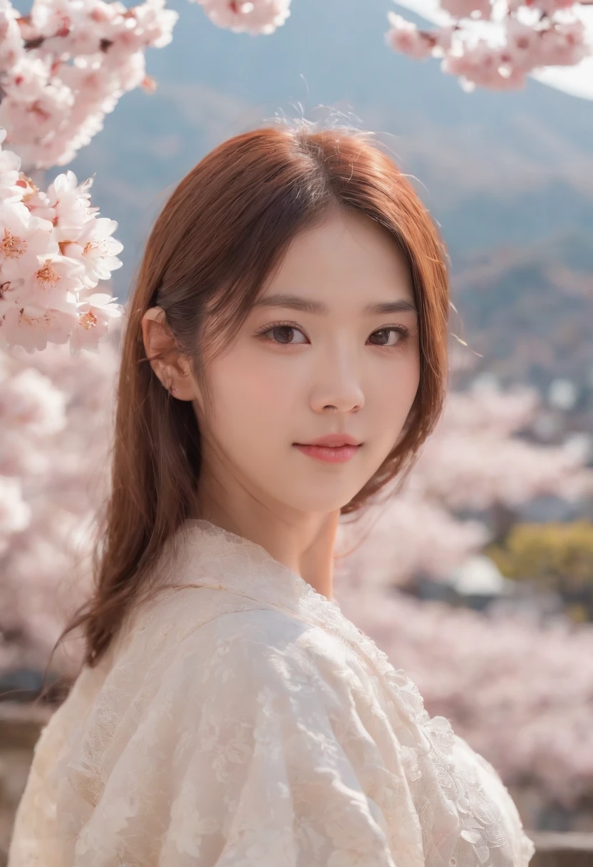 (Best quality:1.4), (超高分辨率:1.2), (Photorealistic:1.4), (8K, RAW photo:1.2), (portrait shooting:1.3), 1girll, Solo, En plein air, Cute Japan Model Girl, komono, Estampados florales, hair adornments, view the viewer, hair flower, Brown eyes, bangs, Masterpiece, Best quality, Realistic, Cherry blossoms, view the viewer,The background is Mt. Fuji and Kyoto cityscape,s girl,ssmile,Large cleavage