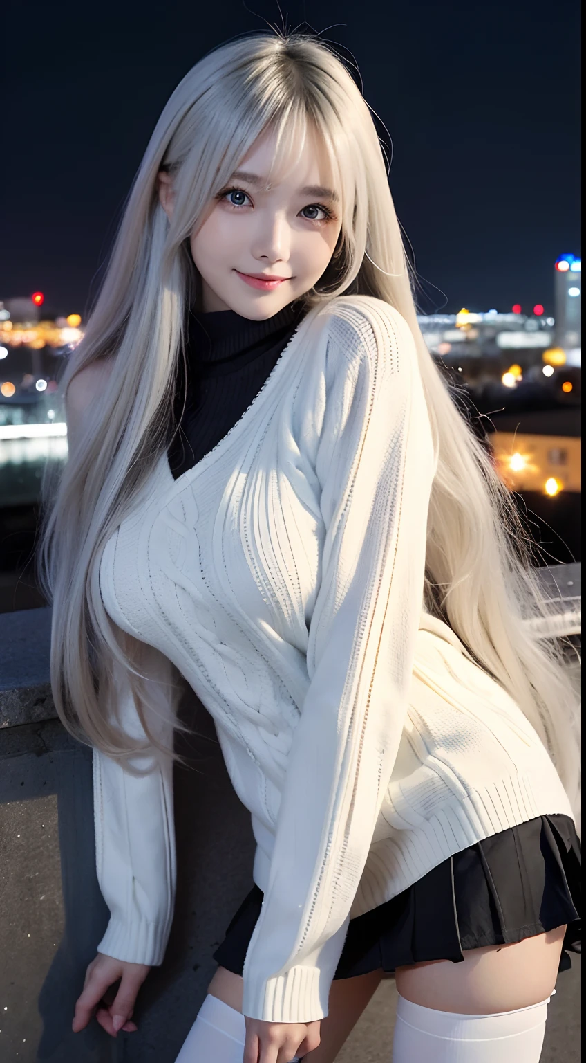 Masterpiece, Best quality, Night, Cityscape, strong rimlight, Real, Huge_filesize, the wallpaper, Japanese, Girl, Long hair, White hair, Wavy hair, Beautiful detailed eyes, Light smile, Medium breasts, ribbed sweater, Miniskirt, white thighhighs,