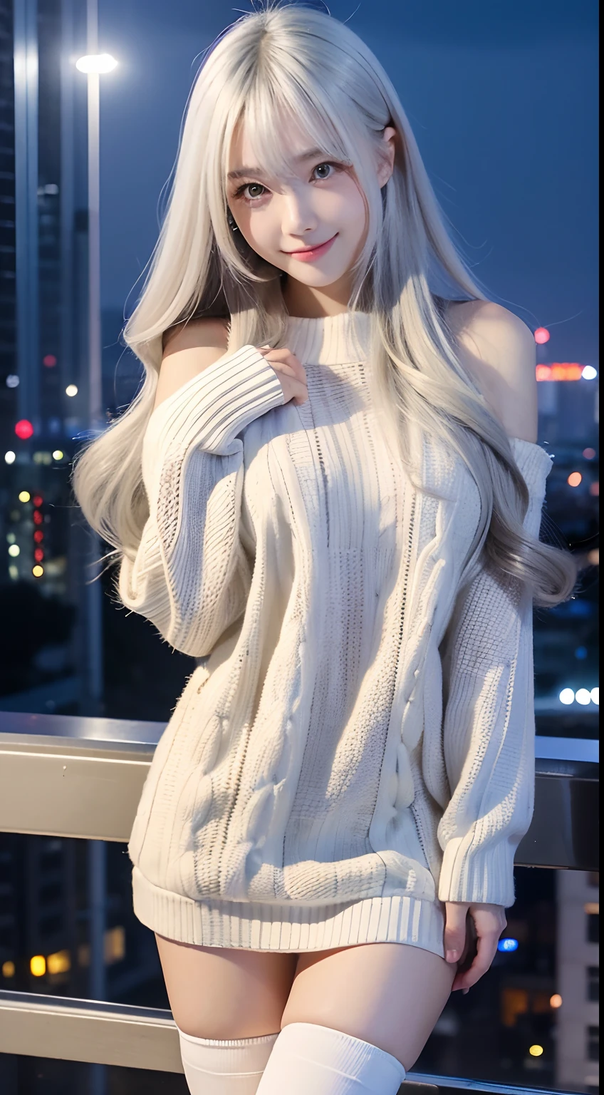 Masterpiece, Best quality, Night, Cityscape, strong rimlight, Real, Huge_filesize, the wallpaper, Japanese, Girl, Long hair, White hair, Wavy hair, Beautiful detailed eyes, Light smile, Medium breasts, ribbed sweater, Miniskirt, white thighhighs,