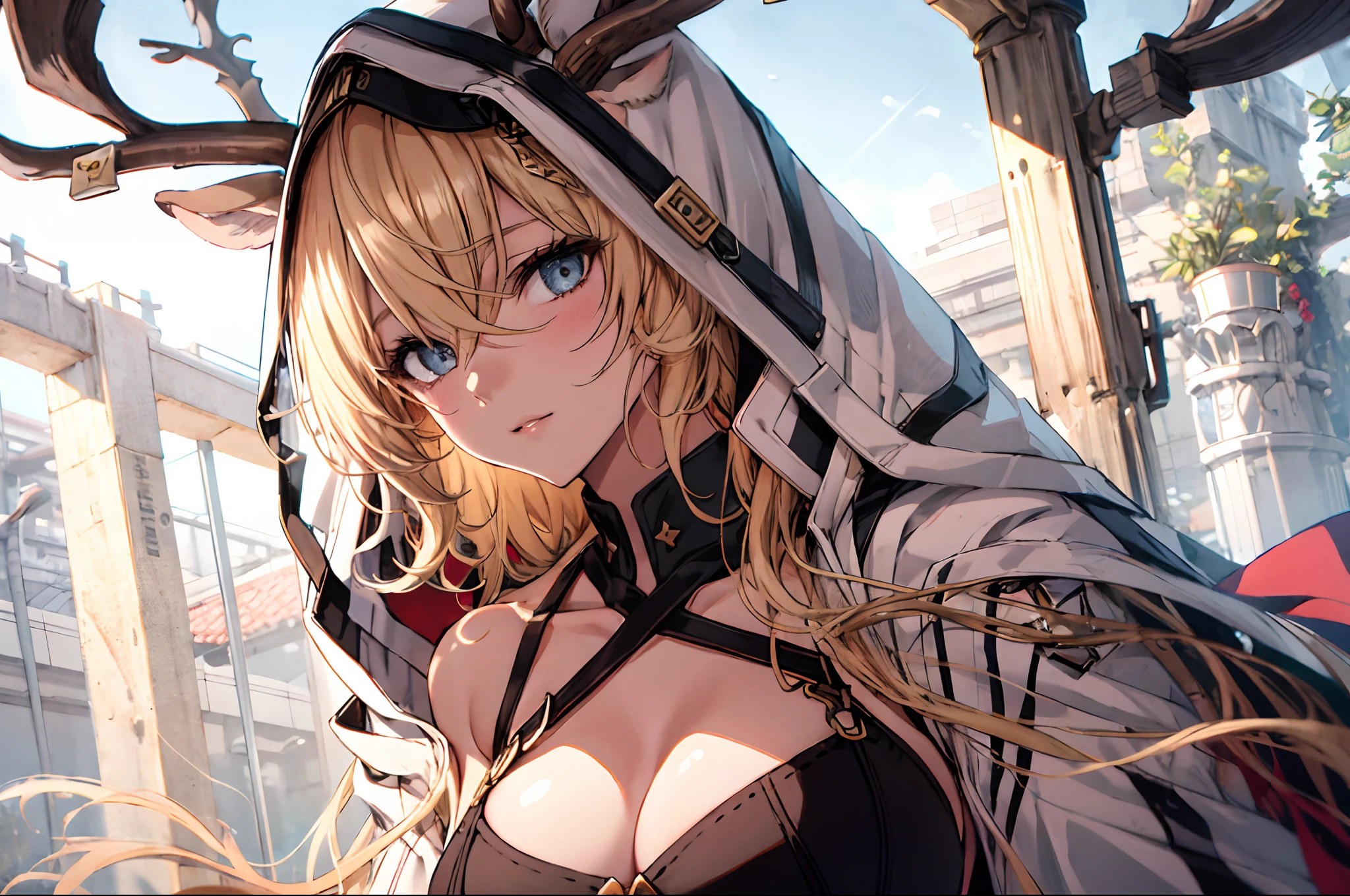 Masterpiece, Best quality, {Best quality}, {{Masterpiece}}, {A high resolution}, Focus, Anime style, Cartoon close-up of a woman, Girl design, Portrait, Gisha, Anime image, Long hair, golden hair, Straight eyes, Cover deer ears, Polished and powerful appearance, Exotic, cheerful big breasts, Classic costumes, Colorful, colours