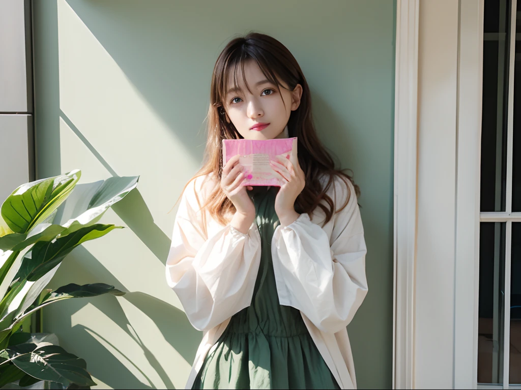 hold a paper pouch package next face (3:1),full body, (Best Quality), High collar, Very high saturation, All colors deepened, delicated face、Extremely detailed light and shadow, very detailed face and eyes, Fluffy wavy hair, white long cloths, colored clouds,(Best Quality), very detailed face and eyes, the morning sun、holding a paper package close to face、hands up、Place your hands high、Dynamic Positions、Full-body configuration、inside a cafe、full of green environment, Dress like a grown-up、full of green、pink color wall, hightquality