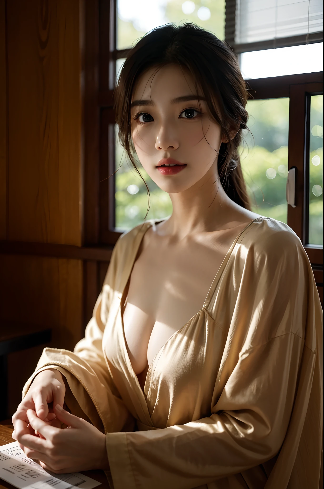 Dressing、(Photo-reality:1.4)、(Hyper-realistic:1.4)、(Real Scene:1.3)、 (Smoother lighting:1.05)、(Improve lighting quality in movies:0.9)、32 k、 1girll、20岁女孩、realistic illumination、The light from the back window is backlighted、Facial light、Ray traching、(Brighten light:1.2)、(enchanced quality:1.4)、 (Top quality true texture skin)、Delicate eyes、Delicate face、 (Exhaustion、Sleepy、satisfied:0.0)、closeup of face、Student clothes:1.3、韓国アイドル、乃木坂アイドル、hposing Gravure Idol (Physical mood improvement:1.1)、Glossy glossy skin、韓国アイドル、乃木坂アイドル、hposing Gravure Idol、self-shot、Large breasts