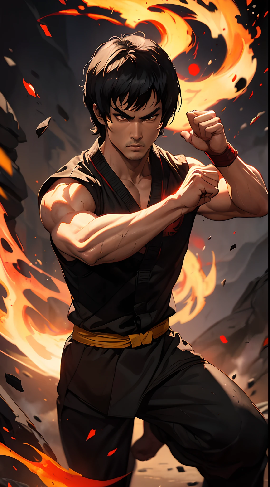 man arafael with a shirt posing in front of a brick wall, portrait of Bruce Lee, Bruce Lee, ross tran 8k, James Gurney&#39;s painting style, inspired by Rudy Siswanto, por James Gurney, por Liang Kai, inspired by Liao Chi-chun, by Liao Chi-chun, photorealistic fan art, with a forest in the background