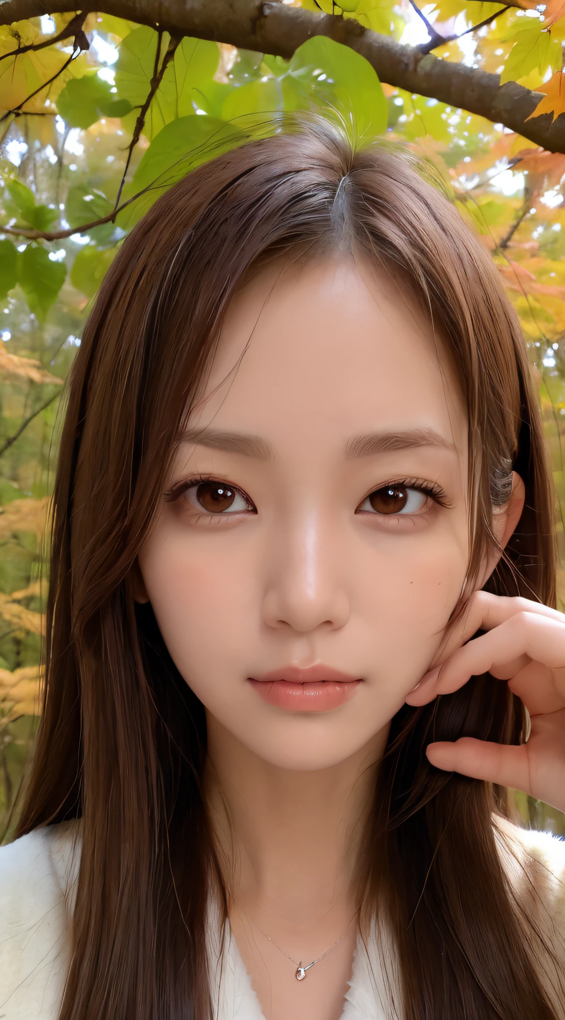 1womanl, (up of face:2.0), light brown hair, Blunt bangs, hair behind ear, hair over shoulder, Long hair, Ultra Fine Face, Thin face, Delicate lips, (beautidful eyes:1.5), thin blush, eyes are light brown,View here, Ultra-thin hands, Ultra-fine fingers, best ratio four finger and one thumb, Beige half coat , panthyhose, Broad-leaved forest with autumn leaves ,One-person viewpoint, 8K, masutepiece, nffsw, Super Detail, High quality, Best Quality, hight resolution,
