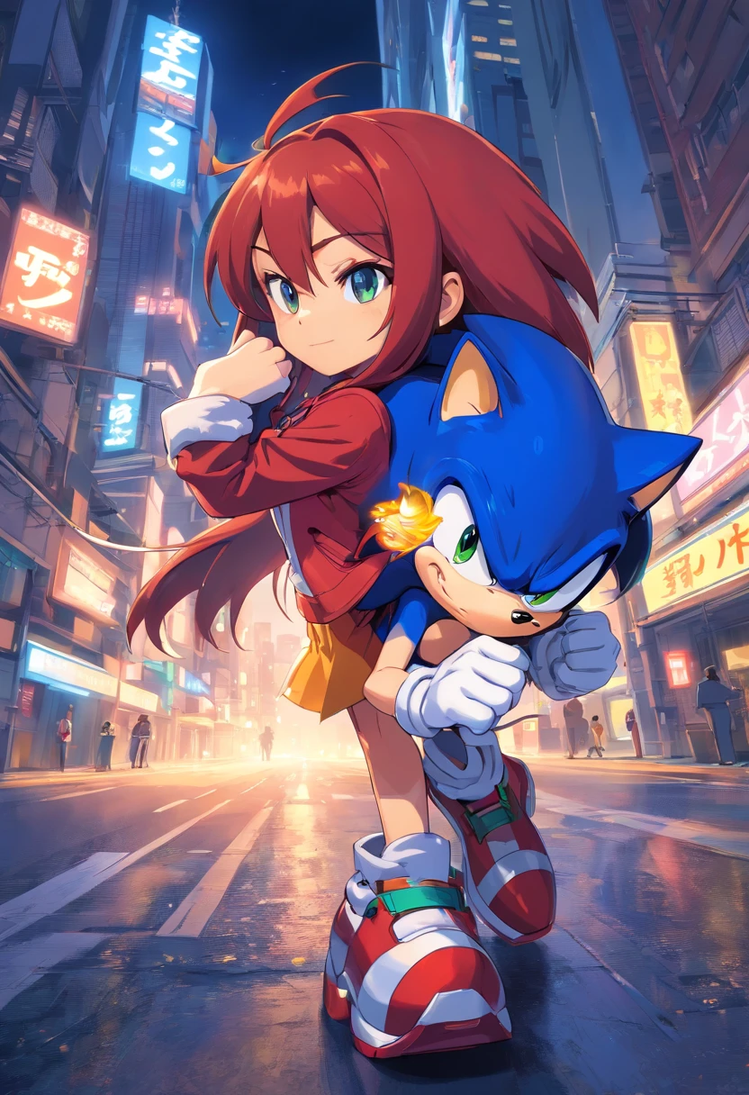 Knuckles, sonic the hedgehog, em roupas pretas, with a serious expression, incredible details, dynamic background of a city at night