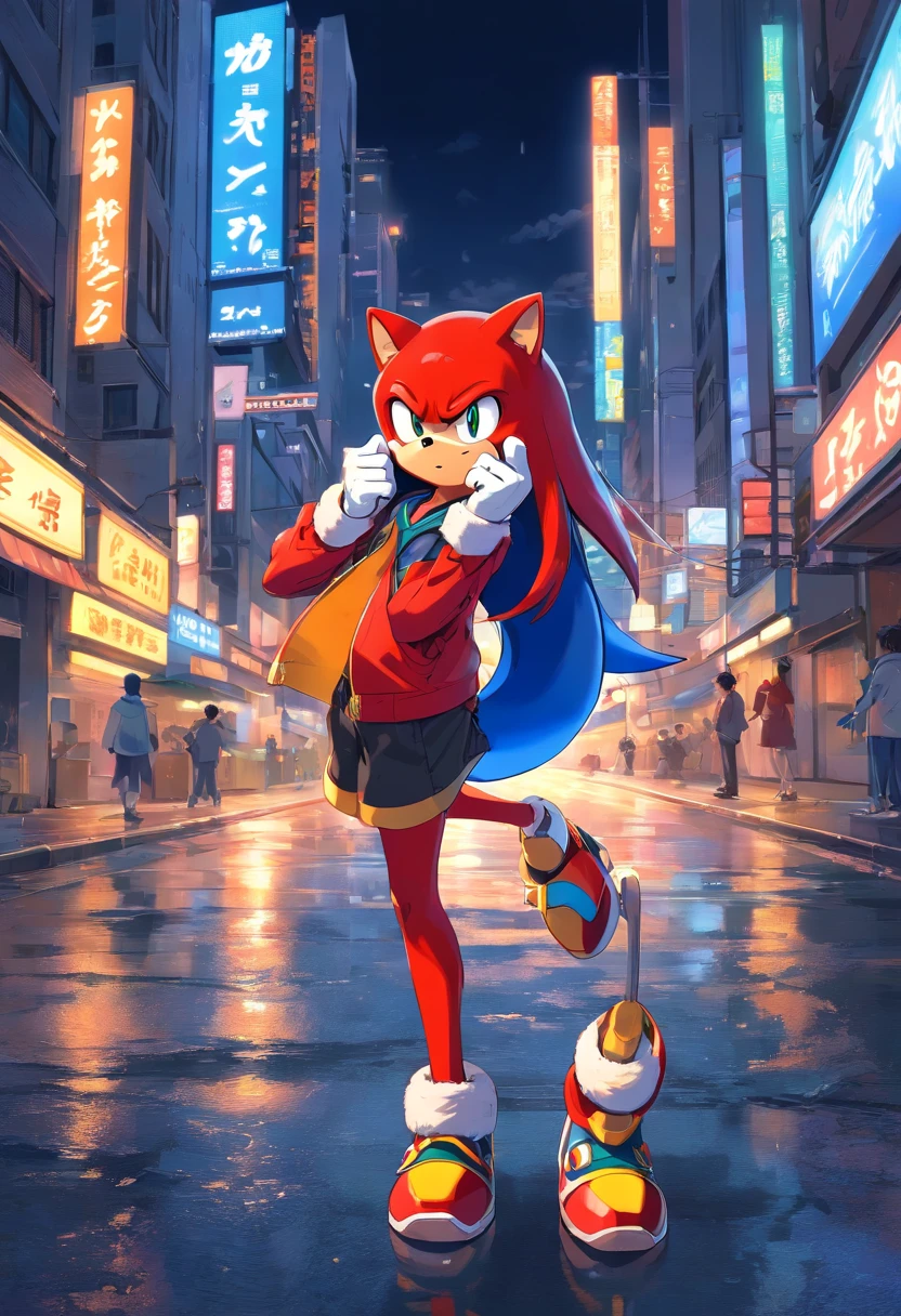 Knuckles, sonic the hedgehog, em roupas pretas, with a serious expression, incredible details, dynamic background of a city at night
