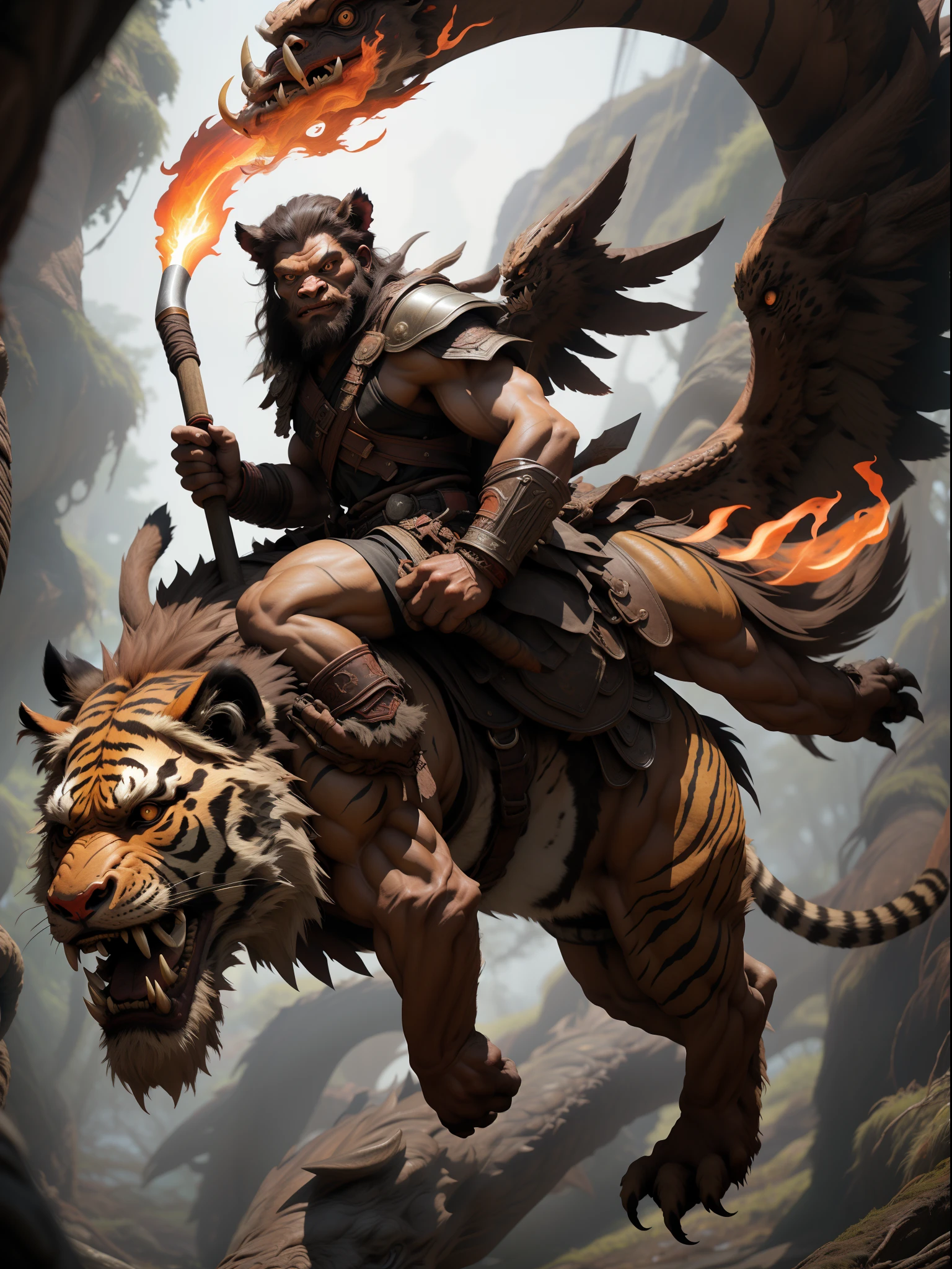 full body,a Tiger headed monster，male, solo, looking at viewer, red eyes, Hold a giant flame hammer in each hand, leather armour, 8k, depth of field, intricate details,Strong muscles throughout the body，（Riding on the back of a fierce giant eagle：1.2），Flying in the sky