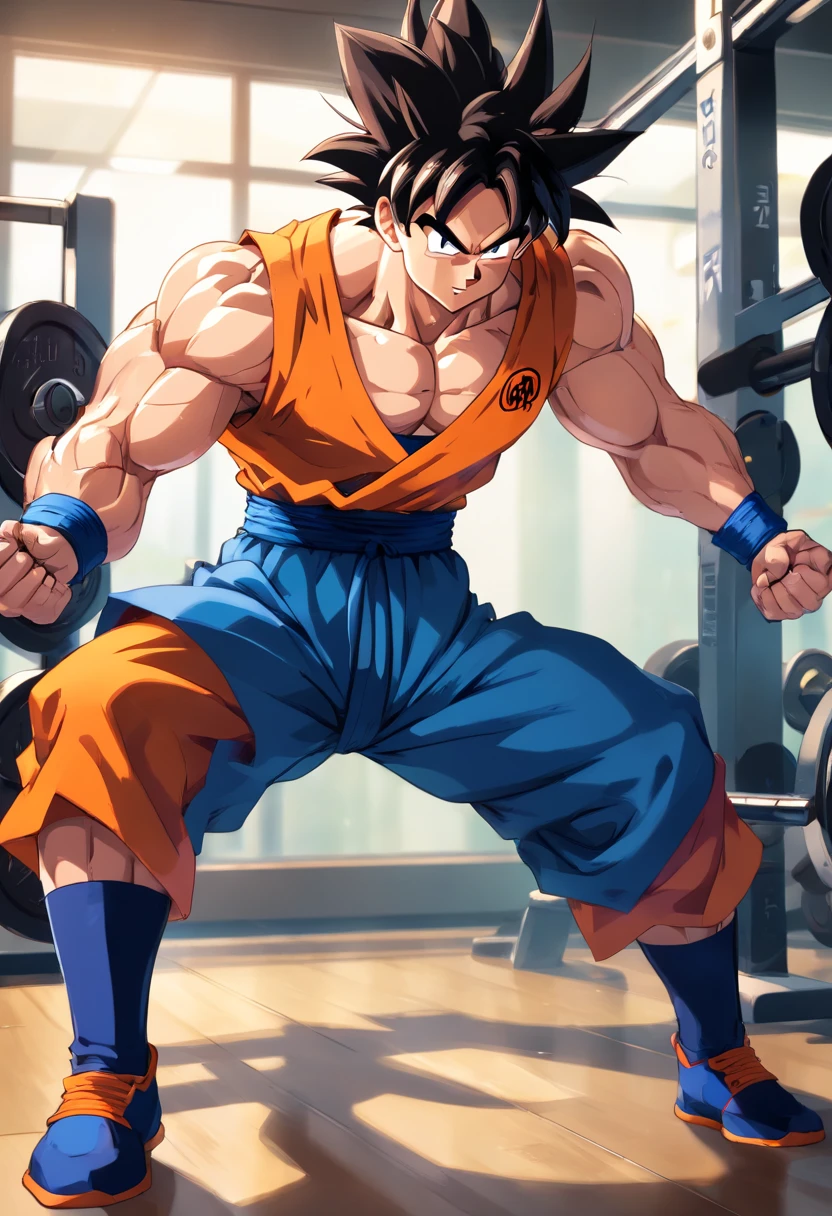 (highres,masterpiece:1.2),goku training at a bodybuilding gym,strong muscular man,impressive muscular physique,strong arms and legs,heavyweights,weightlifting equipment,weight plates and barbells,gym mirrors,exhaustive workout routine,intense sweat and determination,steely focus,goku's iconic spiky hair,goku's fierce expression,athletic energy,goku's orange and blue gi,well-defined muscles,rippling biceps and toned abs,bulging veins in arms,hardcore gym atmosphere,dumbbells and kettlebells,indoor gym lighting,gritty gym floor,wall-mounted pull-up bar,goku's vibrant aura,powerful aura radiating from goku's body,determined stare,unyielding will,dragon ball super styling,colorful and vibrant artwork,strong and dynamic lighting,blurred motion in the background,isolated gym setting,perfectly sculpted physique,glistening sweat on goku's body,muscle definition in every detail,inspiring motivation and perseverance.