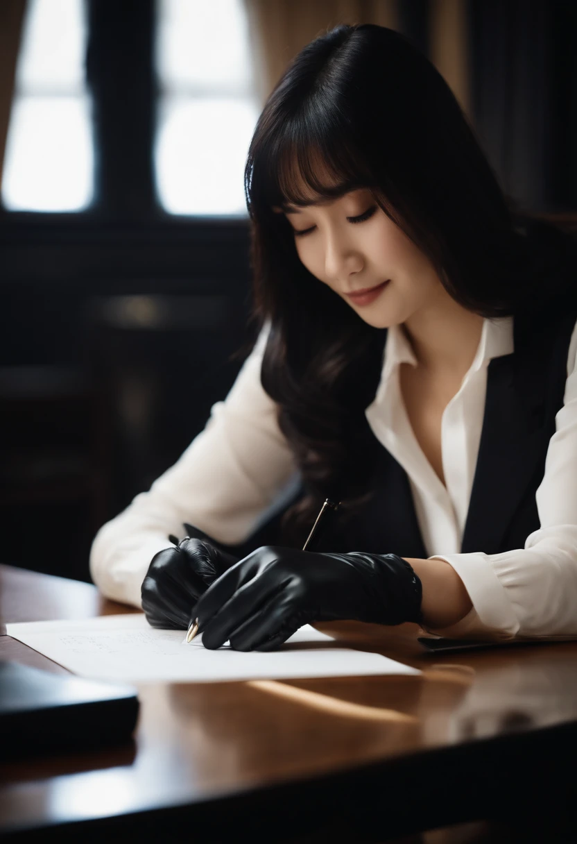 Wearing black leather gloves in both hands, upper body, black business suit, facing the desk in the modern study in the dark, looking down and smiling, writing a letter using a fountain pen, long, straight black hair, young Japanese woman (black leather gloves cover both hands)