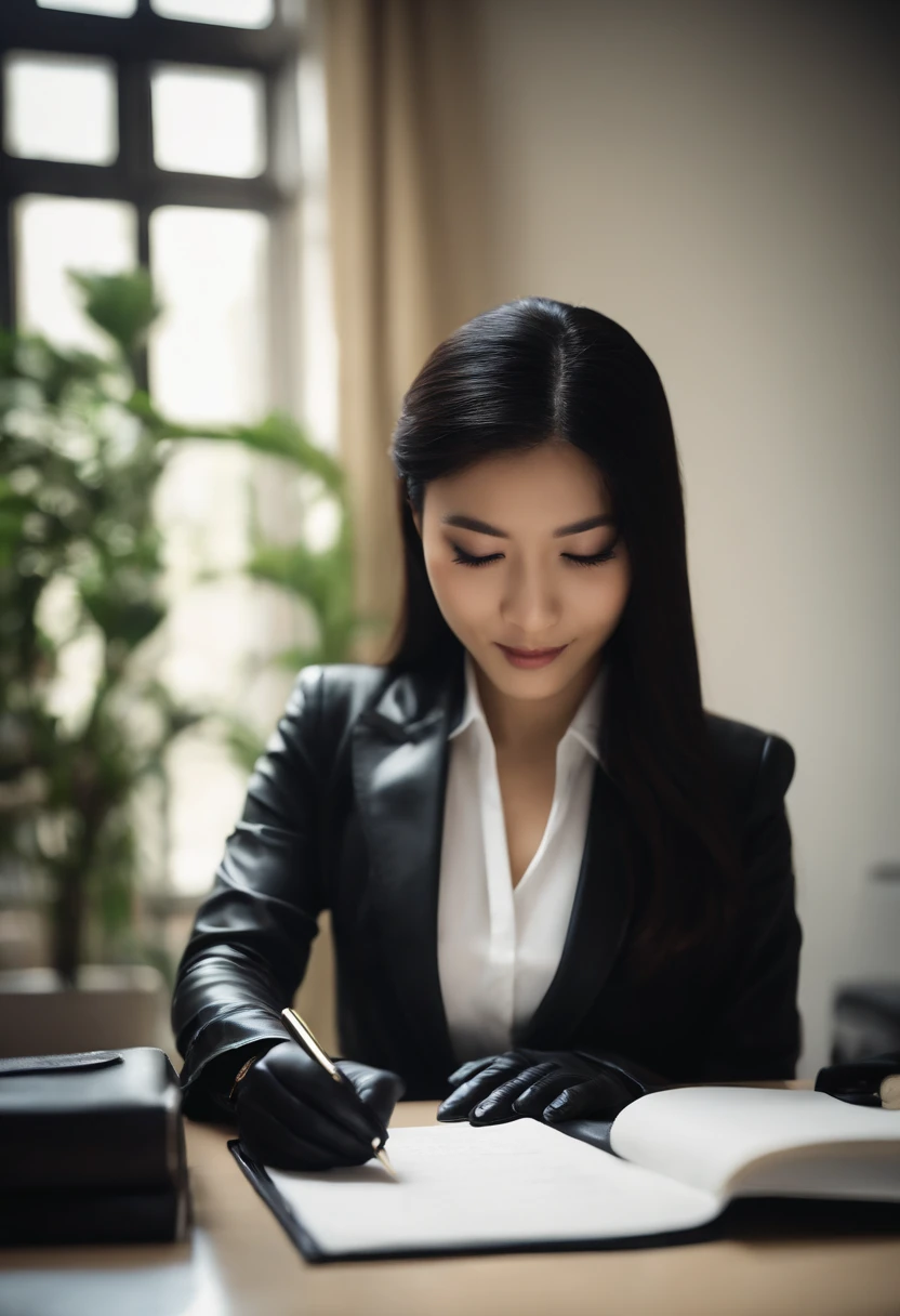 Wearing black leather gloves in both hands, upper body, black business suit, facing the desk in the modern study in the dark, looking down and smiling, writing a letter using a fountain pen, long, straight black hair, young Japanese woman (black leather gloves cover both hands)