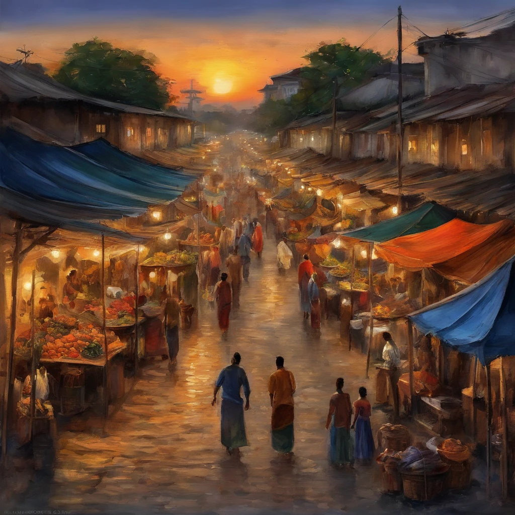 An arafed view of a night market，a lot of lights on the buildings，Firefly lamps，Fantastic Yangon Burma Myanmar town，Old fashioned street，Amazing wallpapers，Watercolor style town，Night market vegetable market old street，There are bicycles,  Well-lit building, early evening,  Beautiful and aesthetic, photography of, cinematic ligh, 8K, high detal