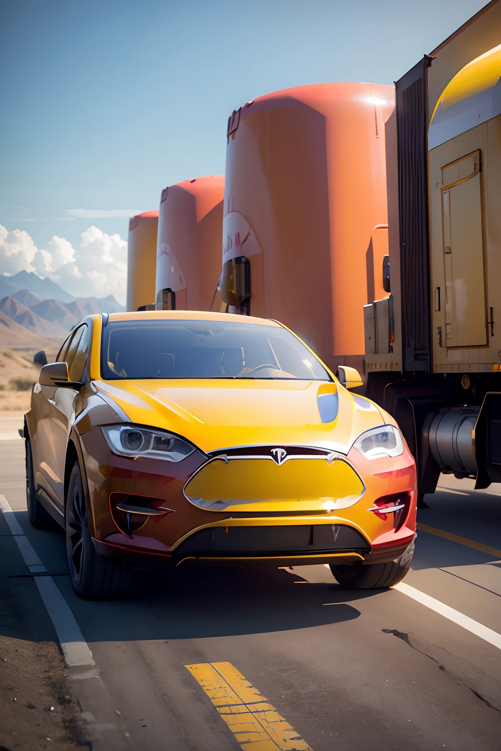 (((Elon Musk )))in uniform, yellow cap, red shirt, blue jeans, behind a yellow truck with red details.ultra detailed, real, 8k, standard sizes