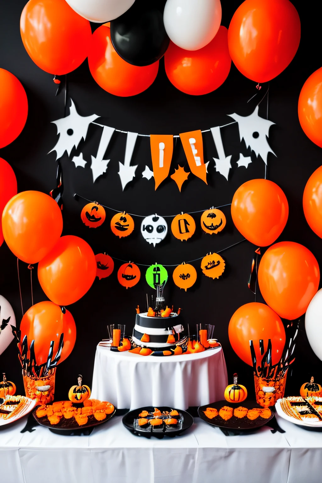 liveroom，Halloween party，Colorful sweets on the table，There are candles on the table，adolable，Orange balloons，White balloons，Black balloons，Jack-o'-lantern