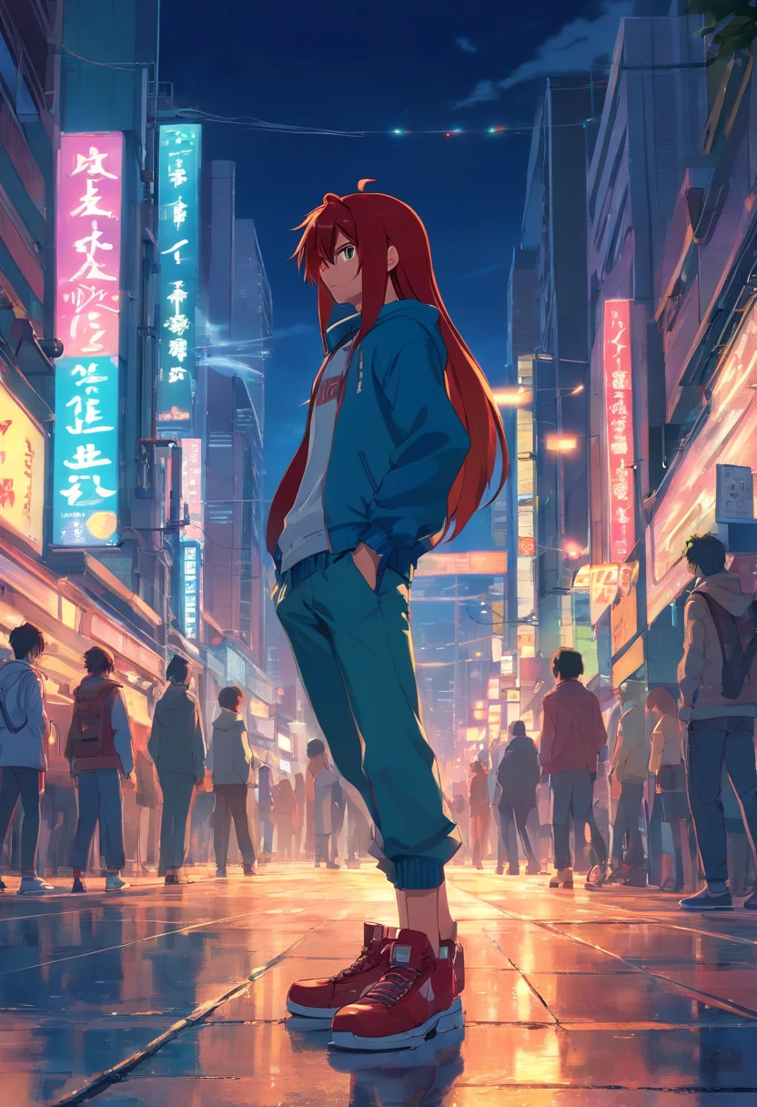 Knuckles, masculino, pelos vermelhos, em roupas pretas, with a serious expression, incredible details, Dynamic background of a city at night