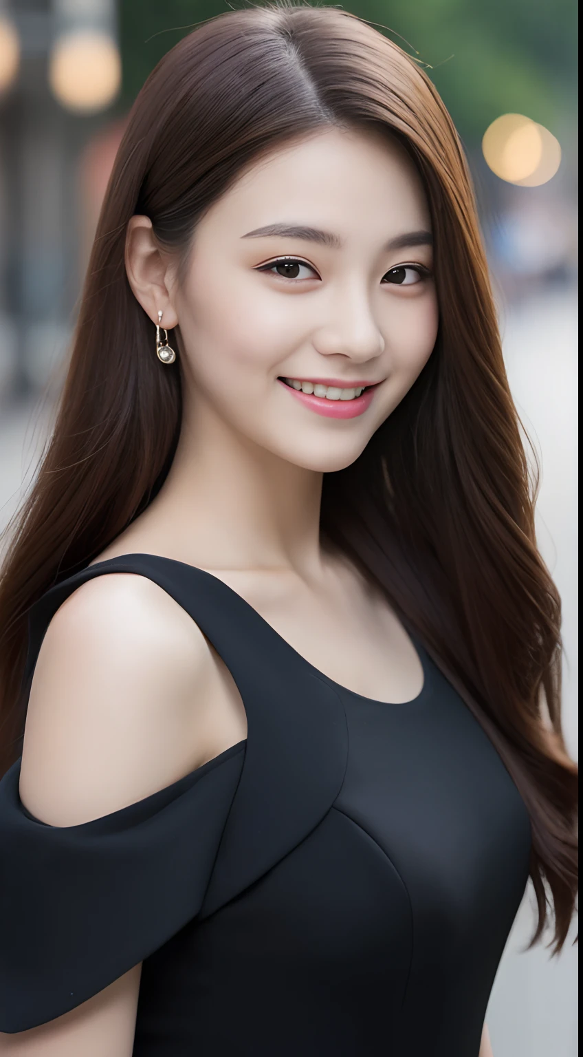 ((Best quality, 8k, Masterpiece :1.3)), 1girl, smiling, full body, slim face, Pretty woman, (Dark brown hair), full length dress :1.1, Ultra-detailed face, Detailed eyes, Double eyelid, blur background, slim face, city, outside, street,