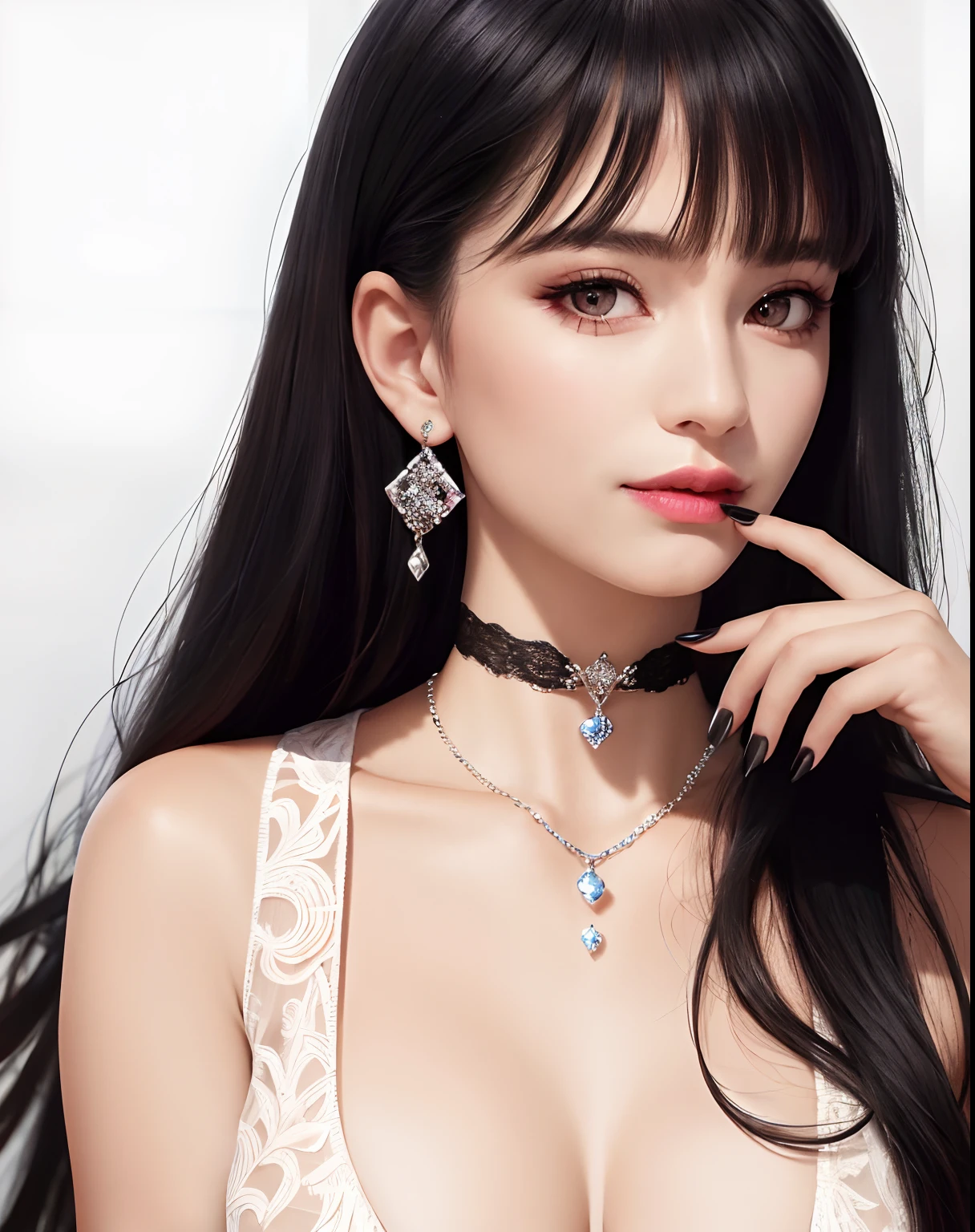 masterpiece,best quality,ultra-detailed,8K,detailed light,detailed shadow,RAW, (detailed skin),(realistic:1.2),
1girl,face,
pilyeon, black nails, jewelry, Long hair, looking at viewer, choker, necklace,piercing, white background, heart, closed mouth, grey eyes, nail polish, simple background, black hair, ear piercing, black choker, smile, eyelashes, lips, hand on own cheek, bangs, bracelet, beads, gem, earrings, fingernails