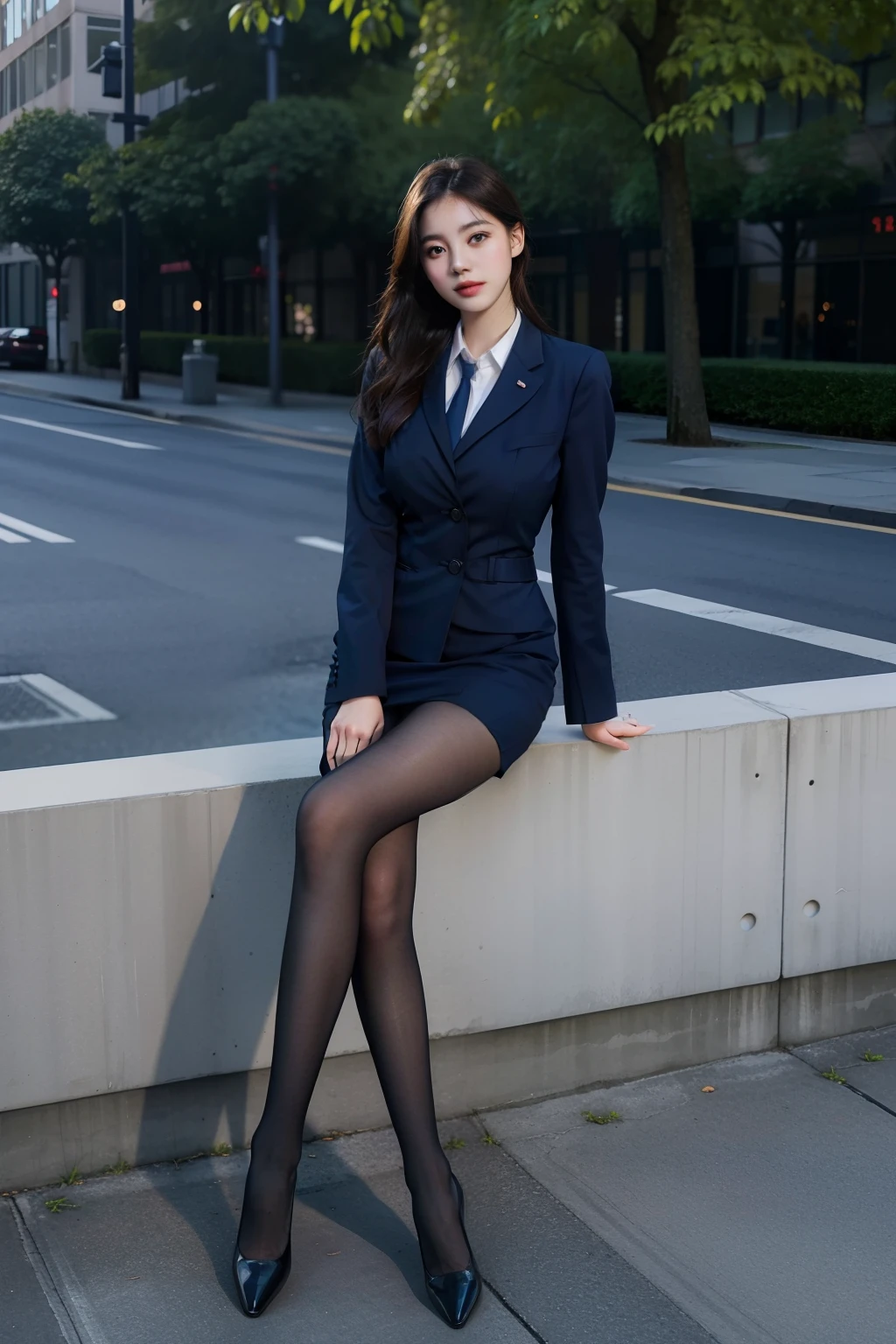 Best quality, Full body portrait, Delicate face, Pretty face, 16yo woman, Slim figure, Large bust, office lady uniform, office clothes, Navy blue stockings, Outdoor scene, Sitting position