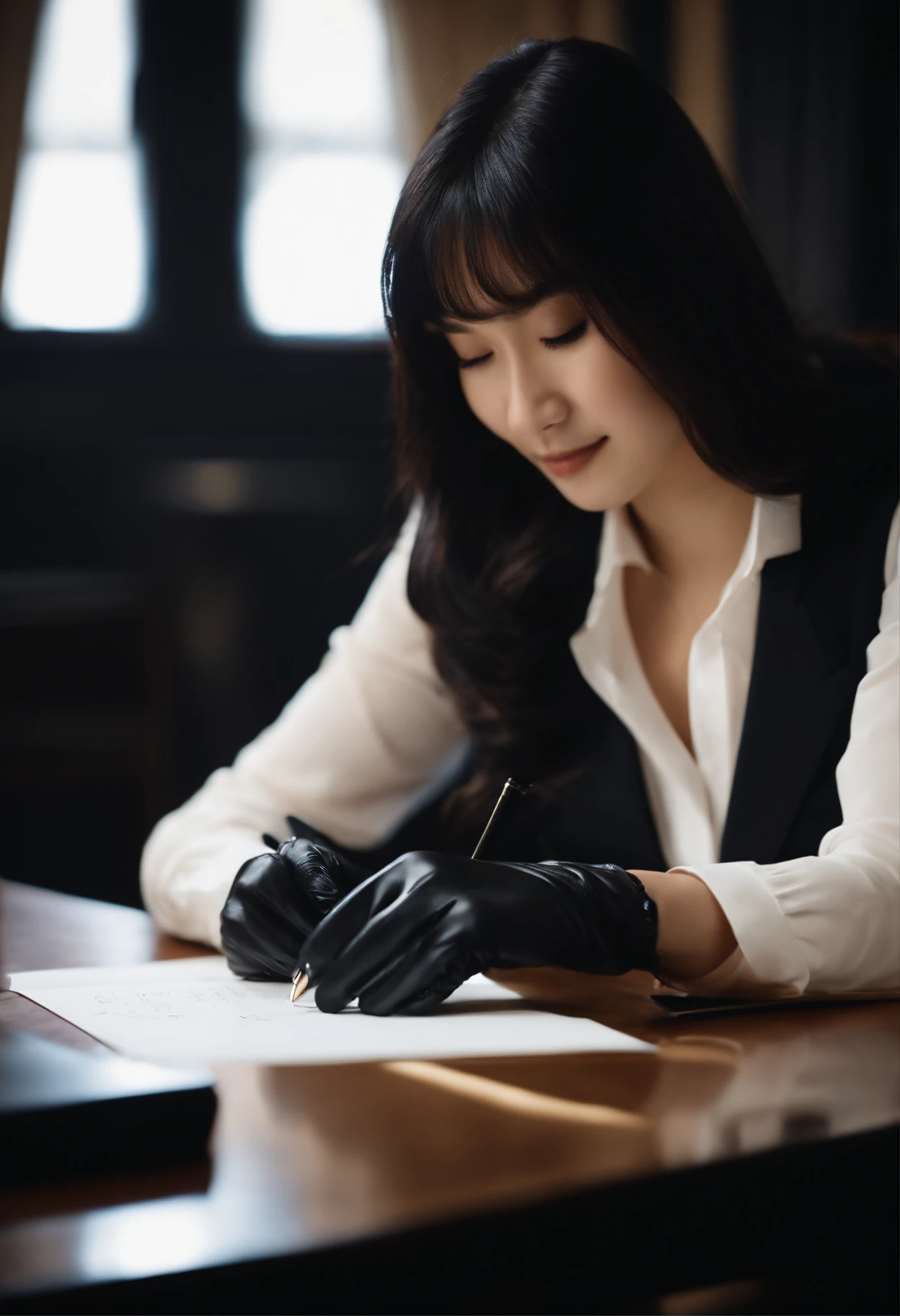 Wearing black leather gloves in both hands, upper body, black business suit, facing the desk in the modern study in the dark, looking down and smiling, writing a letter using a fountain pen, long, straight black hair, young Japanese woman (black leather gloves cover both hands)