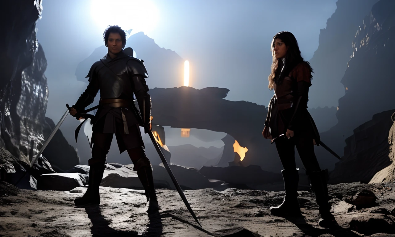 man and woman, Standing in front of a cave with swords