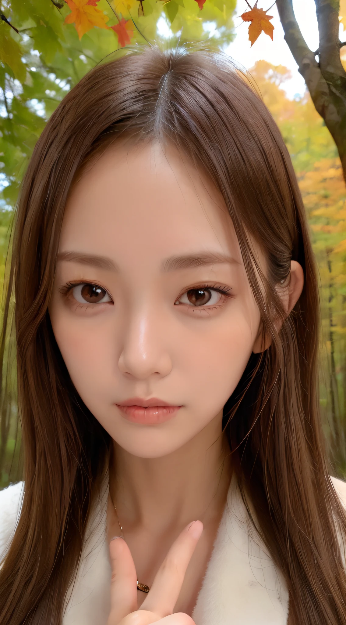 1womanl, (up of face:2.0), light brown hair, Blunt bangs, hair behind ear, hair over shoulder, Long hair, Ultra Fine Face, Thin face, Delicate lips, (beautidful eyes:1.5), thin blush, eyes are light brown,View here, Ultra-thin hands, Ultra-fine fingers, best ratio four finger and one thumb, Beige half coat , panthyhose, Broad-leaved forest with autumn leaves ,One-person viewpoint,  8K, masutepiece, nffsw, Super Detail, High quality, Best Quality, hight resolution,