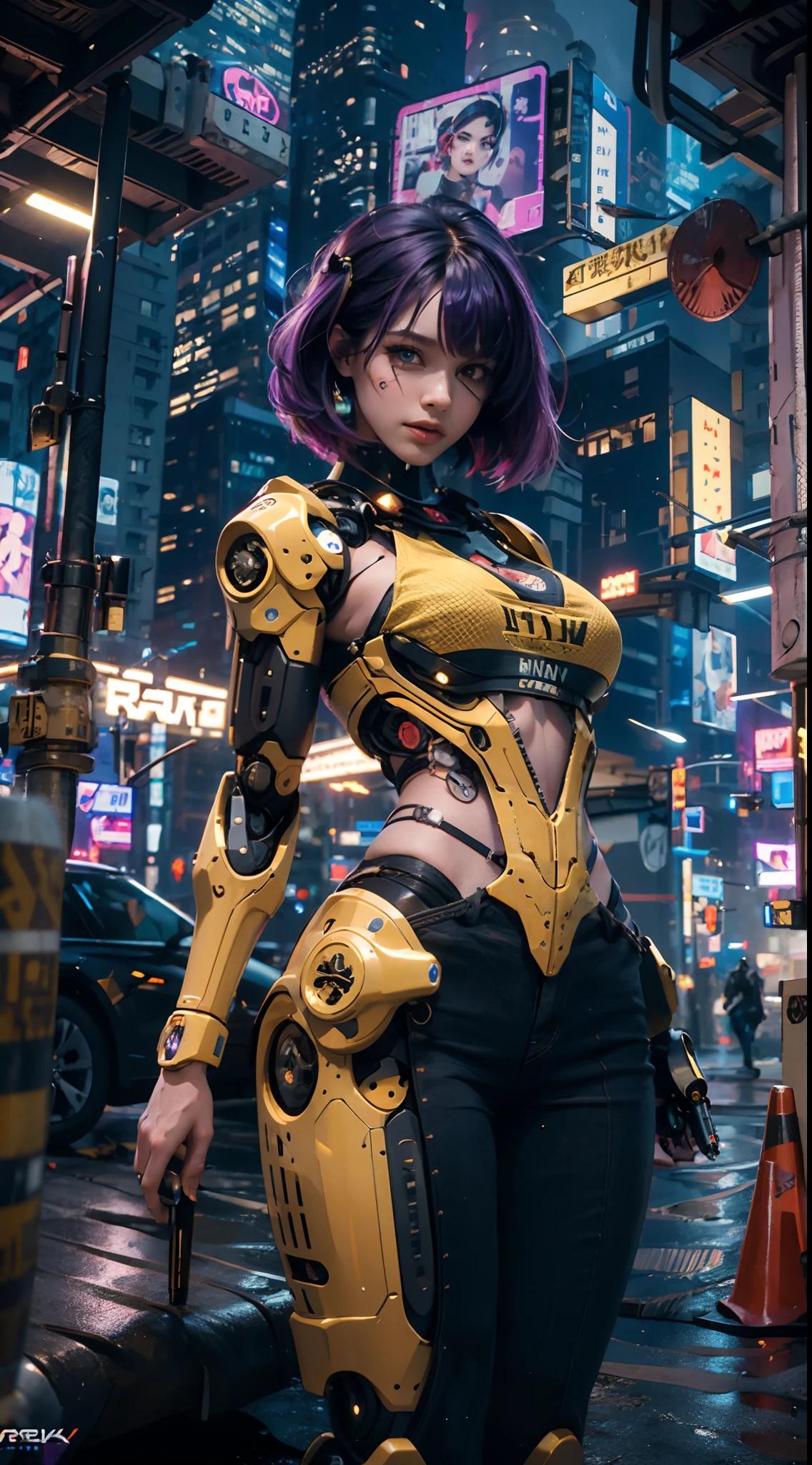 masterpiece, maximum quality, ultra high resolution, 8k, a girl,beauty,21years old,fair skin, extremely beautiful,strong gaze, alone,bust portrait,cyberpunk outfit, extremely detailed face, detailed eyes,mischievous smile, cheerful, realistic photo, totally realistic, human pelle, studio lighting,golden ratio body, wide hips,perfect legs, big ass,purple hair,blunt bangs,orange and white clothing,D-cup breasts,in the rooftop of cyberpunk city,cyberpunk city background,((night)),rain,tattoos,Combat posture,((cyborg)),((Mechanical mask)),holding a rifle