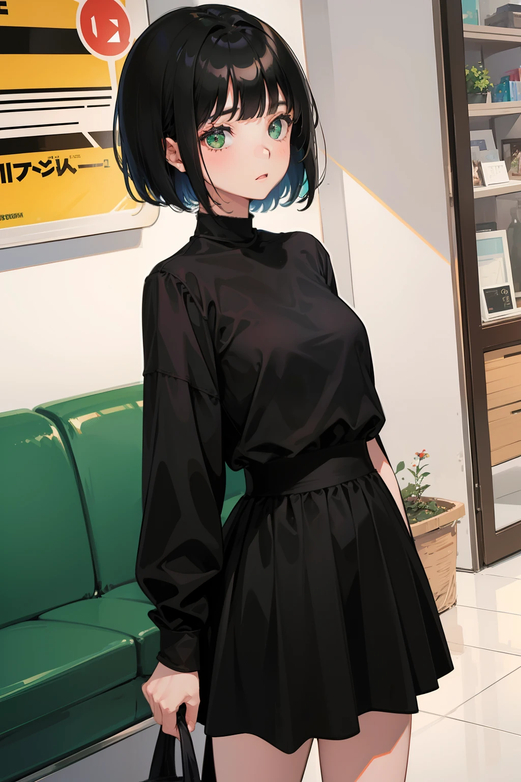 1girl, Short black hair with bangs, green eyes
