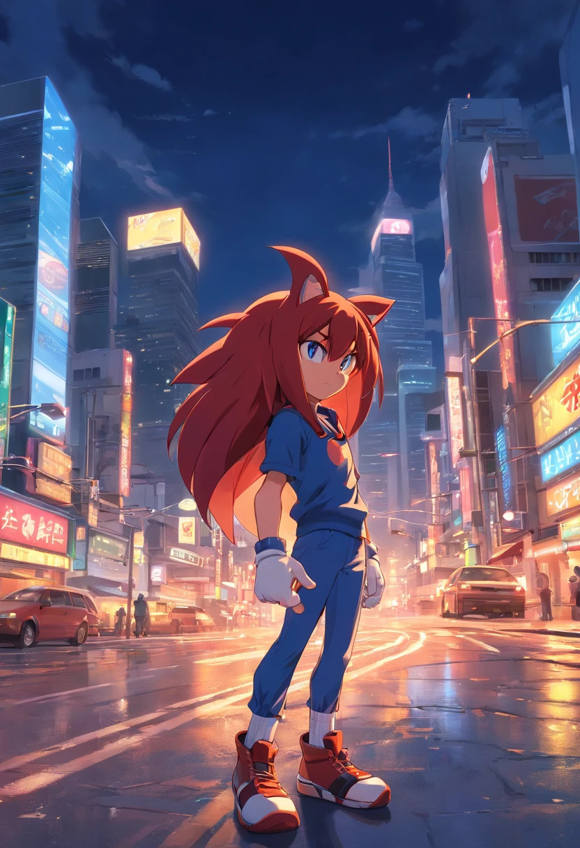 Knuckles do jogo Sonic the Hegehog, masculino, pelos vermelhos, em roupas pretas, with a serious expression, incredible details, Dynamic background of a city at night
