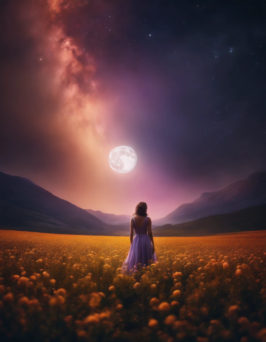 Vast landscape photo, (viewed from below, the sky is above and the open field is below), a girl standing on a flower field looking up, (full moon: 1.2), (meteor: 0.9), (nebula: 1.3), distant mountains , Trees BREAK Crafting Art, (Warm Light: 1.2), (Fireflies: 1.2), Lights, Lots of Purple and Orange, Intricate Details, Volumetric Lighting, Realism BREAK (Masterpiece: 1.2), (Best Quality), 4k, Ultra-Detailed, (Dynamic Composition: 1.4), Very Detailed, Colorful Details, (Rainbow Colors: 1.2), (Glow Lighting, Atmospheric Lighting), Dreamy, Magical, (Solo: 1.2)