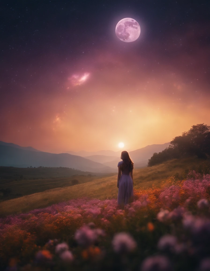 Vast landscape photo, (viewed from below, the sky is above and the open field is below), a girl standing on a flower field looking up, (full moon: 1.2), (meteor: 0.9), (nebula: 1.3), distant mountains , Trees BREAK Crafting Art, (Warm Light: 1.2), (Fireflies: 1.2), Lights, Lots of Purple and Orange, Intricate Details, Volumetric Lighting, Realism BREAK (Masterpiece: 1.2), (Best Quality), 4k, Ultra-Detailed, (Dynamic Composition: 1.4), Very Detailed, Colorful Details, (Rainbow Colors: 1.2), (Glow Lighting, Atmospheric Lighting), Dreamy, Magical, (Solo: 1.2)