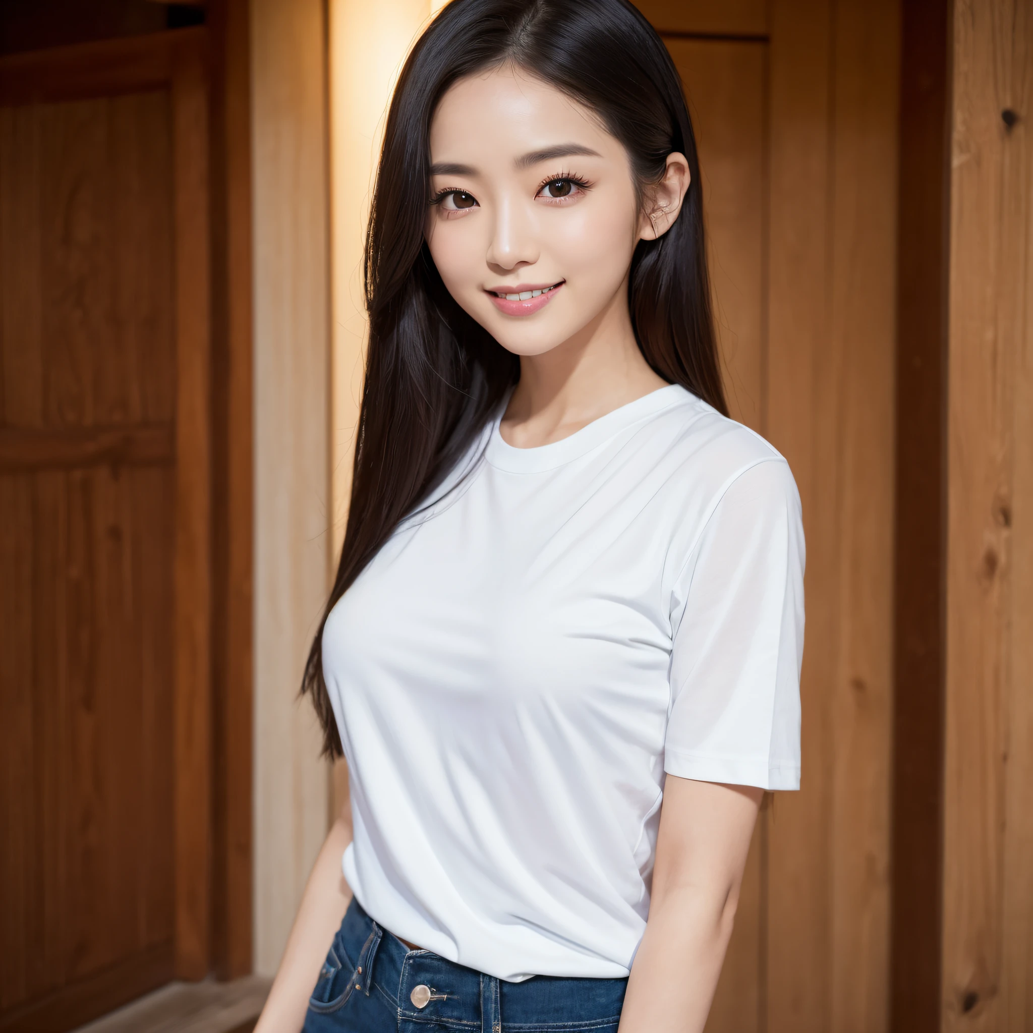 One lady、((best qualtiy、8k masterpieces:1.3))、foco nítido:1.2、(ultra beautiful faces:1.0)、(shinny skin:1.0)、photos realistic、A dark-haired、Video Lighting、High-definition eyes and face、Video Lighting、Japan actress with Korean-style makeup、from the front side、medium breasts、(ssmile:1.4)、Slender Abs Beauty、Whole body、wearing t-shirts、At Kiyomizu-dera Temple