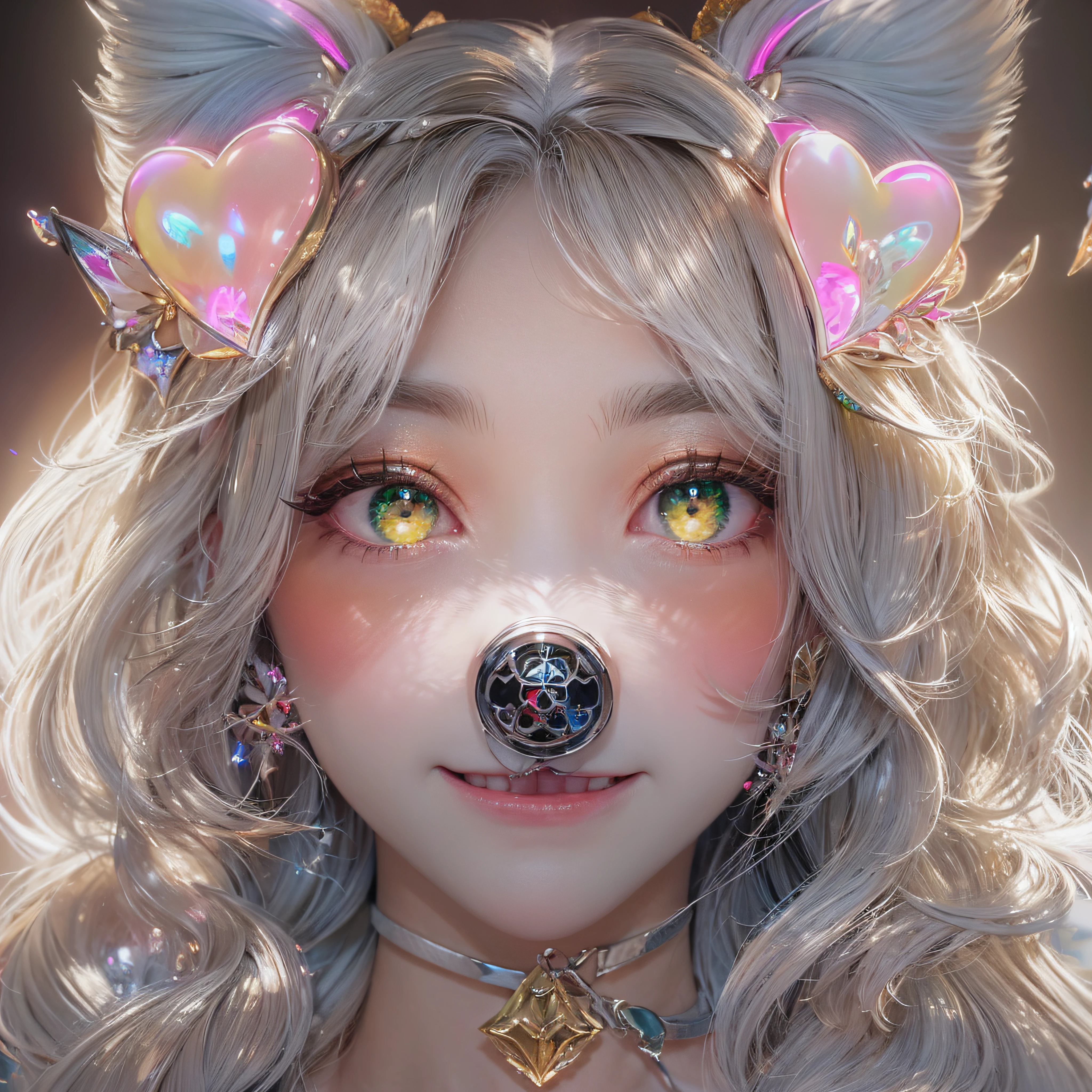 Dog Girl Costume、Cosplay、Dog Ear Headband、Close-up of laughing face、Close-up of laughing face、Designer、super model、makeup、Glossy lips、Shining eyes、(realisitic、hight resolution)、(1 girl in)、Do-Up Eye、Korean Girl、(Best Quality), (masutepiece), (1girl in), Solo, a beauty girl, Perfect face, dreamlikeart、Highly detailed airbrush art((Surreal))、Volumetric lighting、(top-quality)、The ultra-detailliert、Highly detailed colorful details、(Bright lighting)、dynamic compositions、Ray traching、The mirror reflects light、Shallow depth of field、ultra-detailliert、mixing  exposure、nffsw、Her eyes shine with dark green、Pink glowing 3D heart on background、Pink glowing heart on background