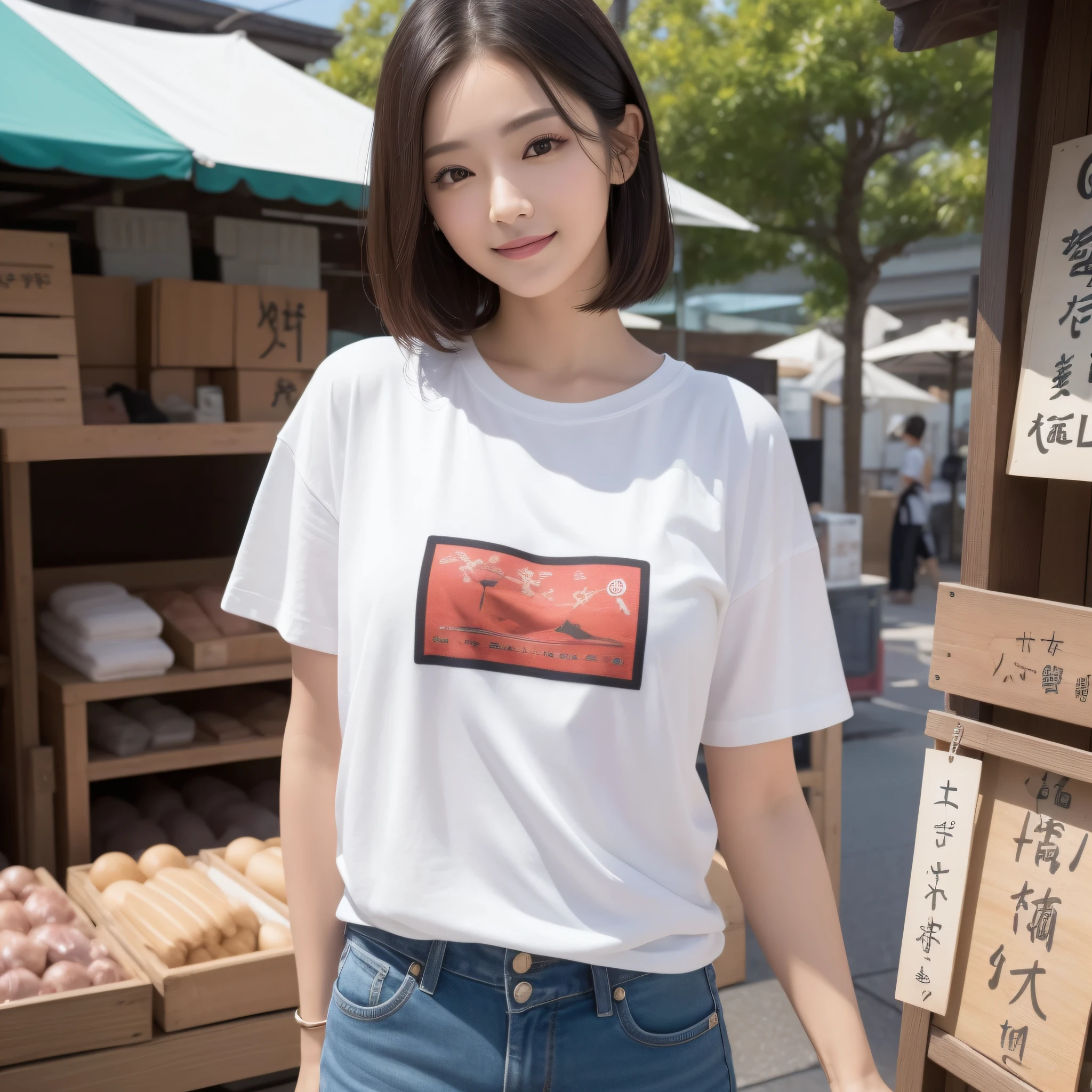 One lady、((best qualtiy、8k masterpieces:1.3))、foco nítido:1.2、(ultra beautiful faces:1.0)、(shinny skin:1.0)、photos realistic、A dark-haired、Video Lighting、High-definition eyes and face、Video Lighting、Japan actress with Korean-style makeup、from the front side、medium breasts、Smile、Slender Abs Beauty、Whole body、Wearing a T-shirt with the Japanese logo、At the market in the early morning、