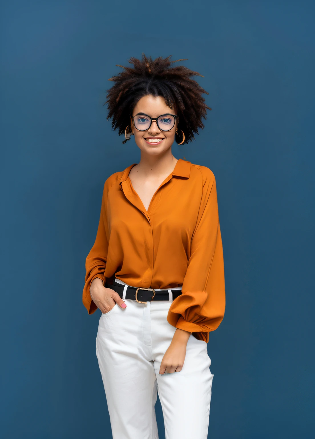 troque o cabelo para um cabelo mais ondulado na cor laranja abobora. and put in her hand a black notebook that has gold and orange accents