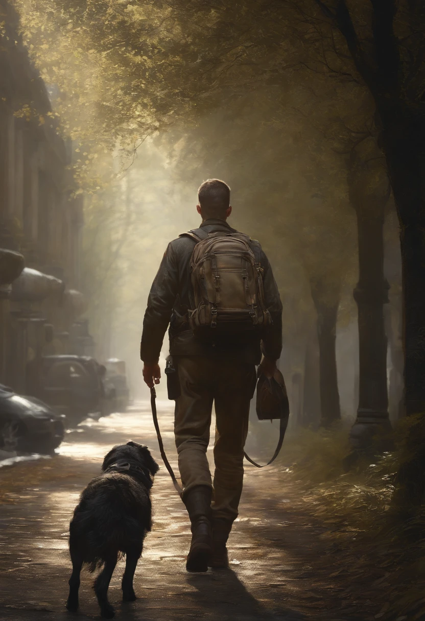 (masterpiece) RAW highly detailed, a man with a post-apocalyptic dog with a backpack is walking down a clear alley in a leafy and long forest, at the end of the way a strong white light shaped ball, hassanfantasy style, by Jeremy Mann and Donato Giancola ultra realistic highly detailed intricate photorealistic