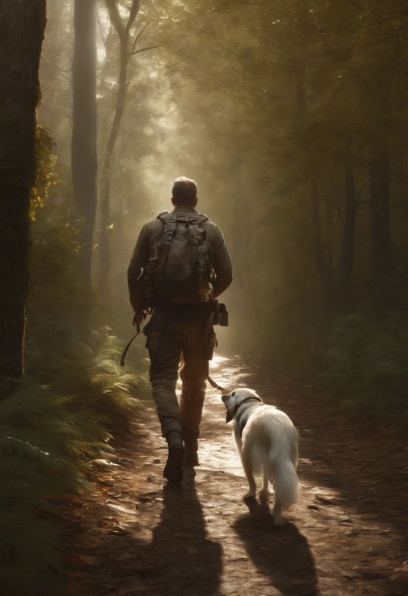 (masterpiece) RAW highly detailed, a man with a post-apocalyptic dog with a backpack is walking down a clear alley in a leafy and long forest, at the end of the way a strong white light shaped ball, hassanfantasy style, by Jeremy Mann and Donato Giancola ultra realistic highly detailed intricate photorealistic