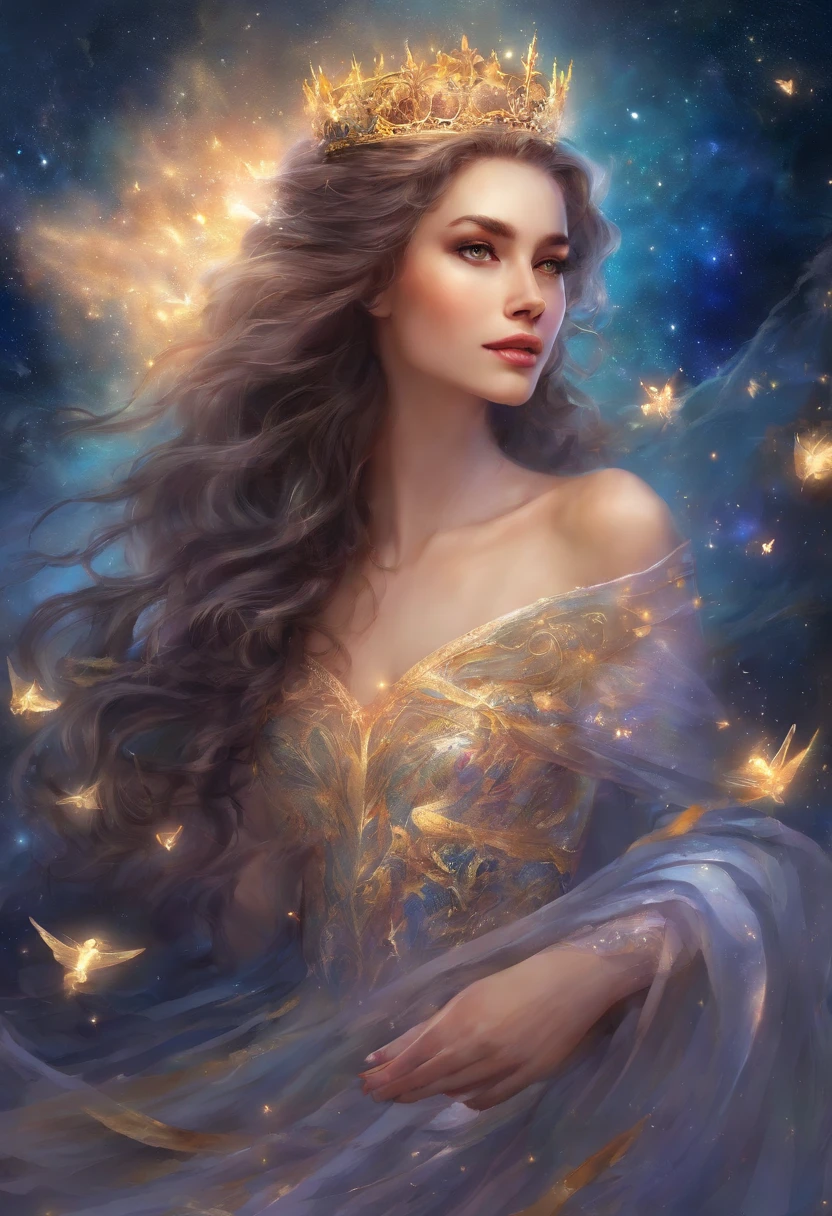 landscape, A queen in a dress made of starry night veil is crossing on the Earth down below with her extraordinary long hem dragging.  As she walks, starry night falls on her path.　A starry night fantasy. perfect beautiful face, perfect hands, fantasy art, landscape,
